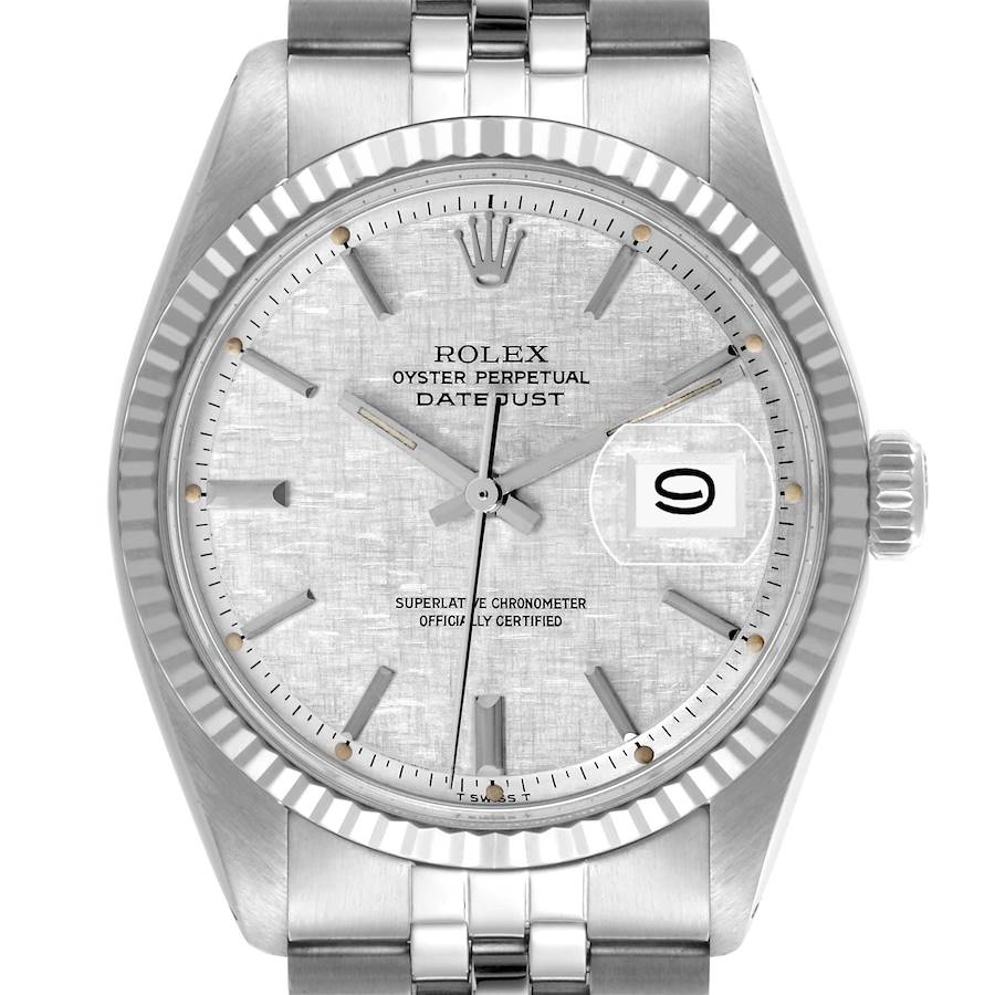 The Rolex Vintage Collection watch is shown from the front, featuring its face, bezel, crown, and part of the bracelet.