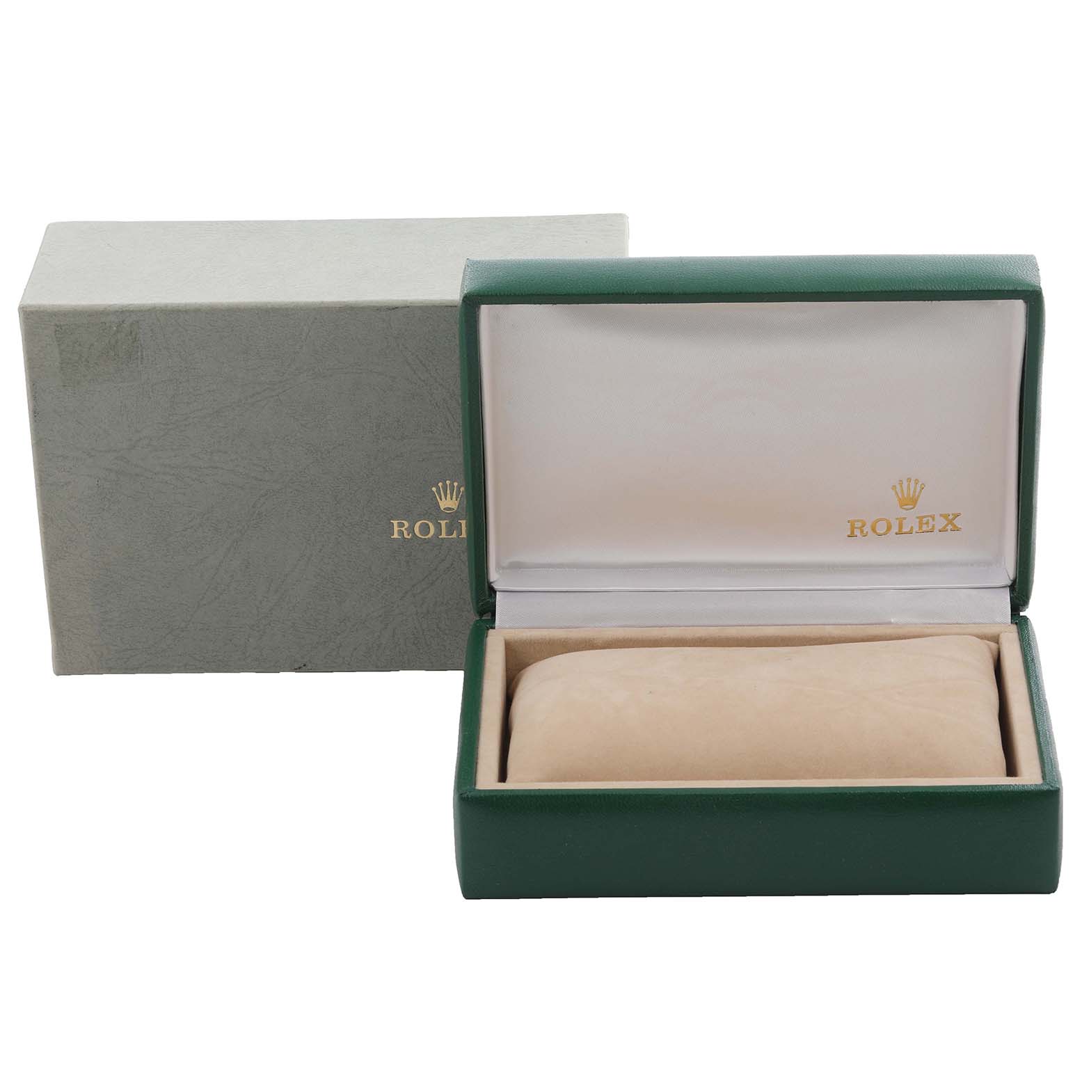 The image shows a Rolex Vintage Collection 1601 Men's Stainless Steel Silver Dial 1601 Men's Stainless Steel Silver Dial watch box and pillow, viewed from the front.