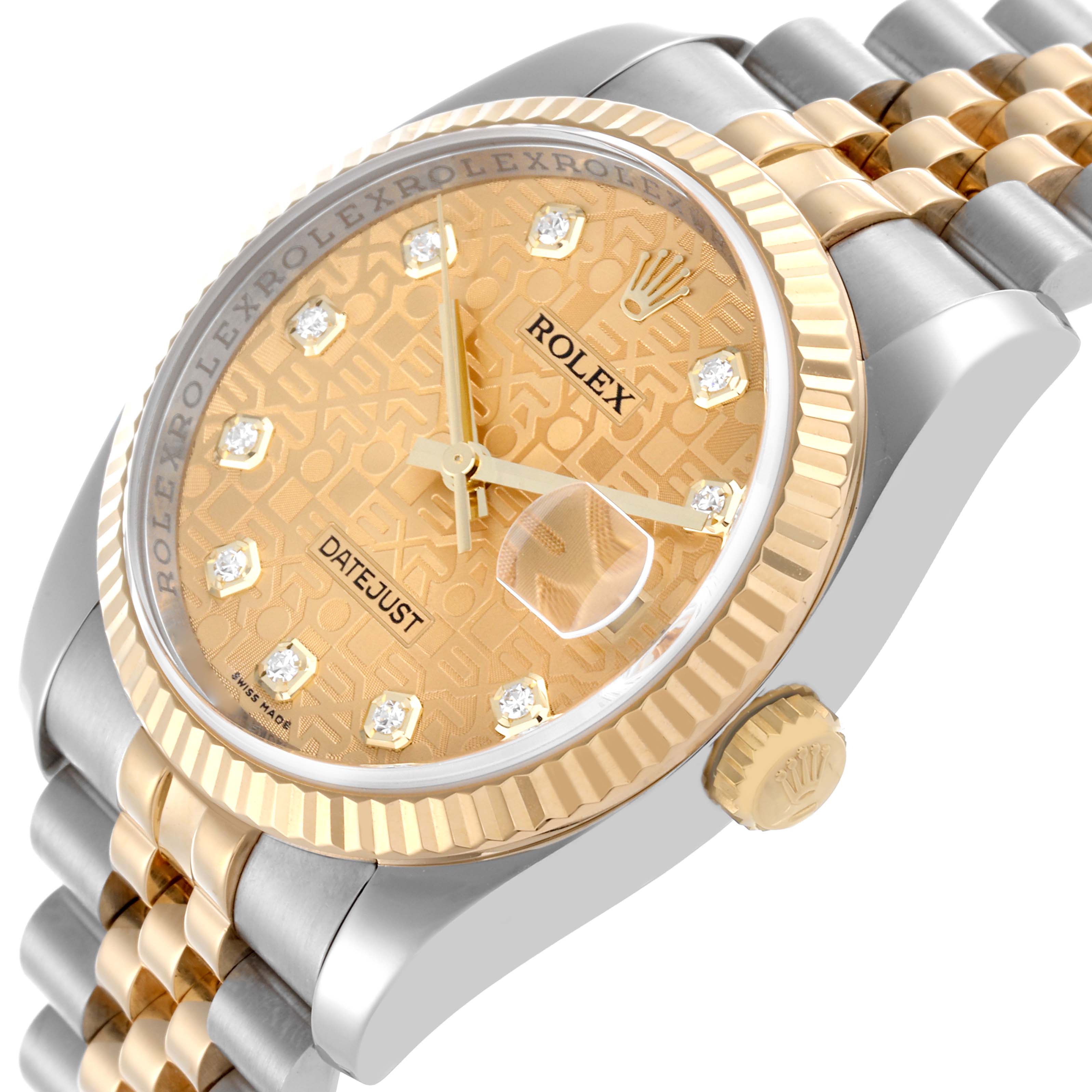 The Rolex Datejust 116233 Men
s Steel and Gold (two tone) Champagne Dial 116233 Men
s Steel and Gold (two tone) Champagne Dial watch is shown from an angled side view, highlighting the dial, bezel, crown, and part of the bracelet.