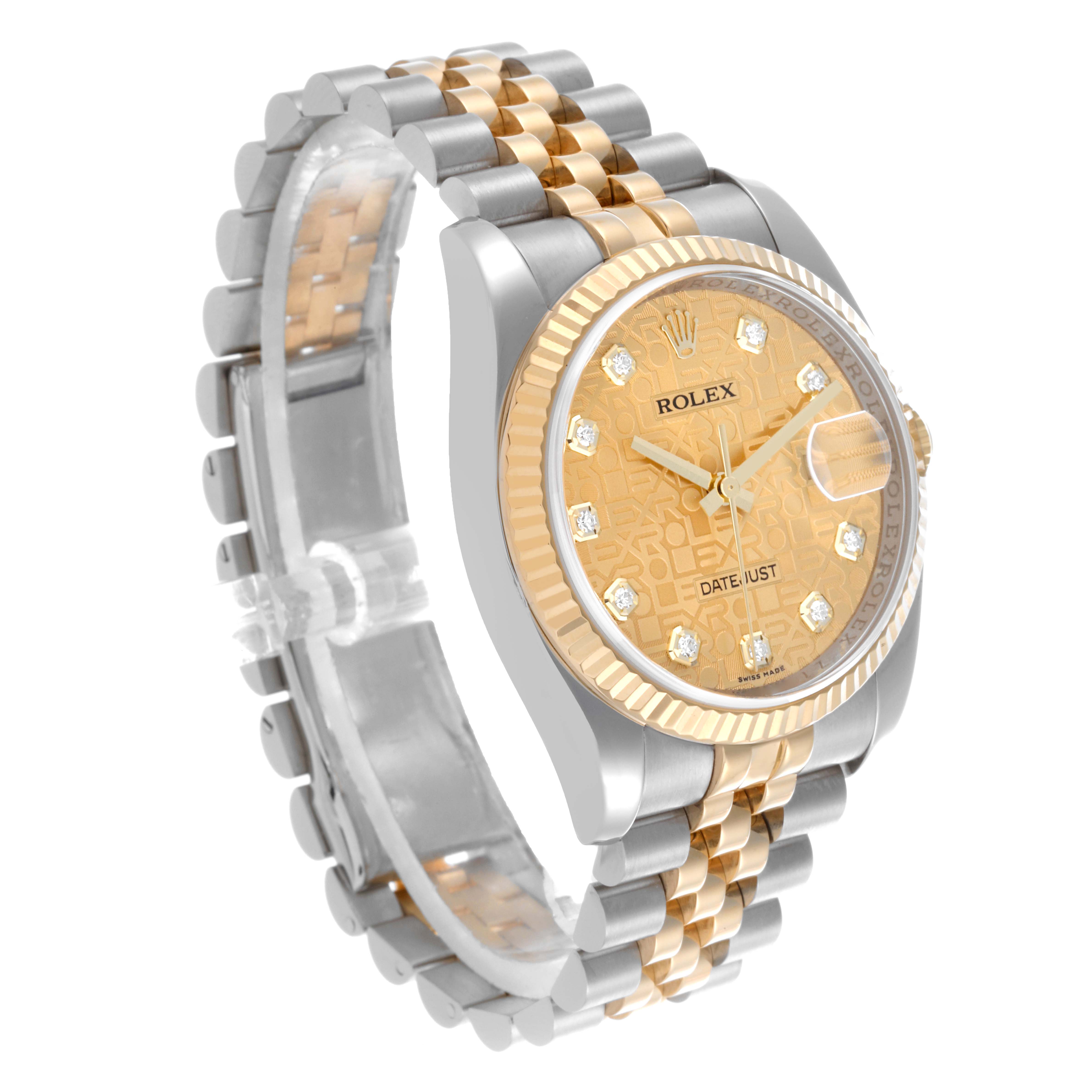 The Rolex Datejust 116233 Men
s Steel and Gold (two tone) Champagne Dial 116233 Men
s Steel and Gold (two tone) Champagne Dial watch is shown at a 3/4 angle, highlighting the bracelet, bezel, and face.
