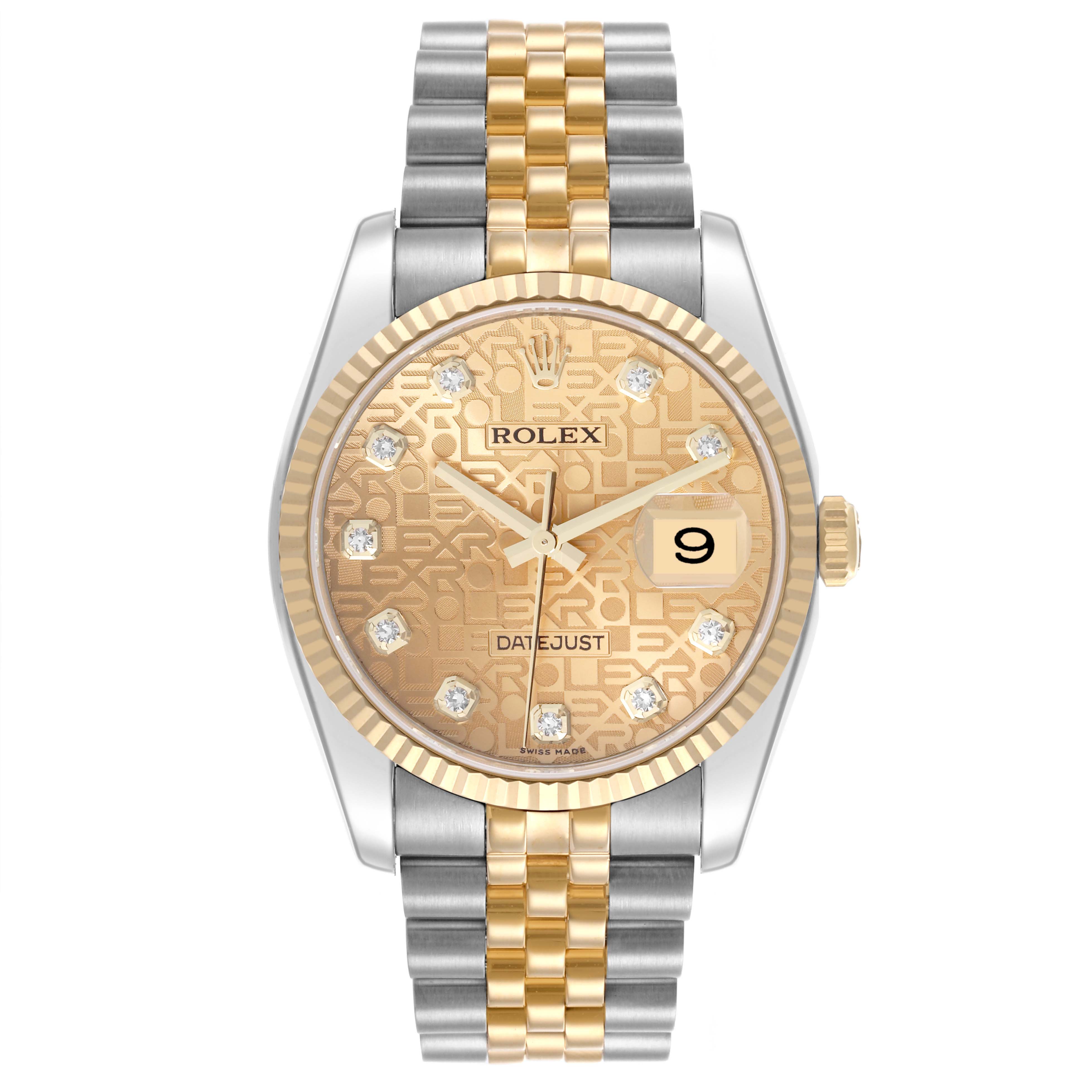The Rolex Datejust 116233 Men
s Steel and Gold (two tone) Champagne Dial 116233 Men
s Steel and Gold (two tone) Champagne Dial watch is shown from the front, highlighting the dial, bezel, crown, and two-tone bracelet.