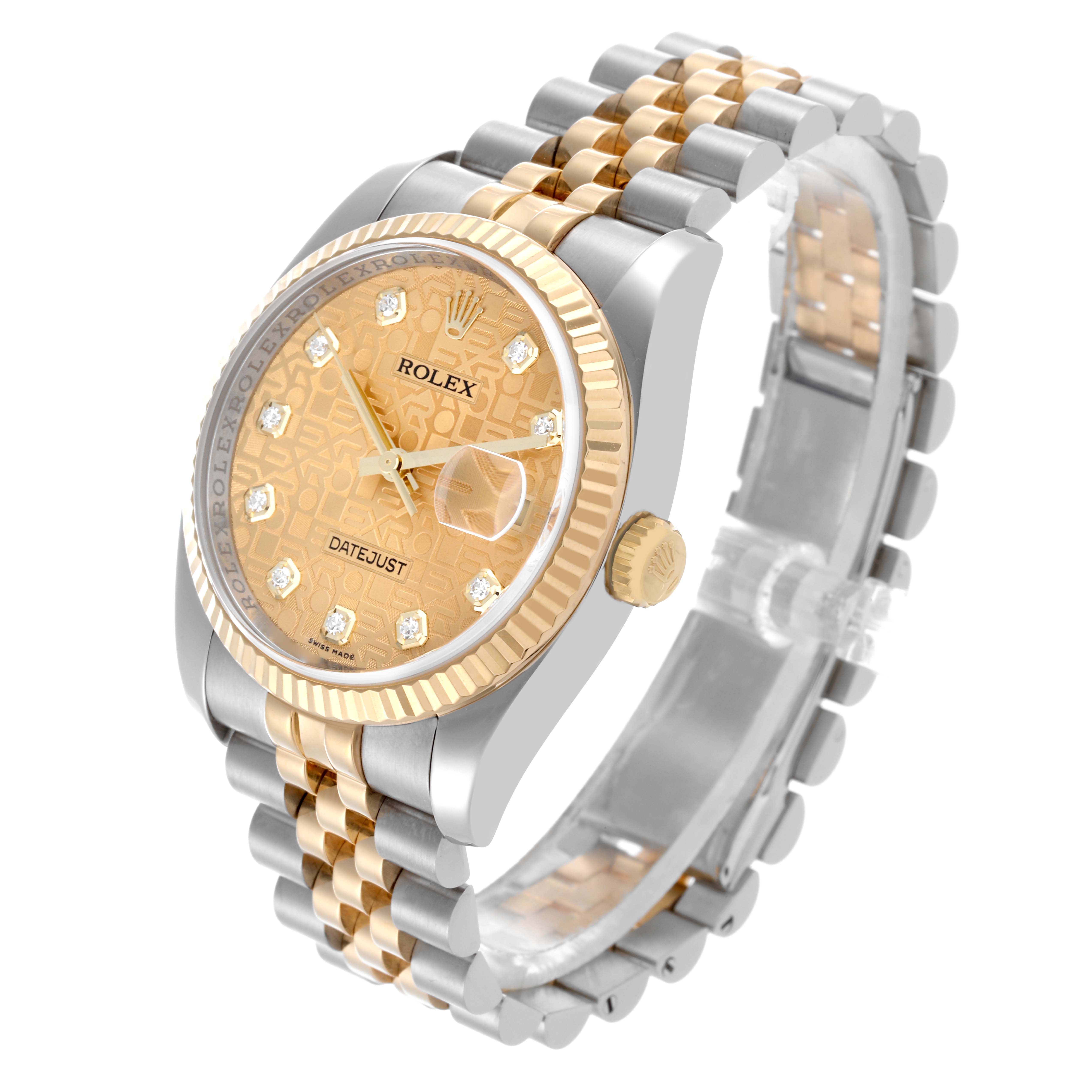 The Rolex Datejust 116233 Men
s Steel and Gold (two tone) Champagne Dial 116233 Men
s Steel and Gold (two tone) Champagne Dial watch is shown from a top-front angle, highlighting the dial, bezel, crown, and bracelet.