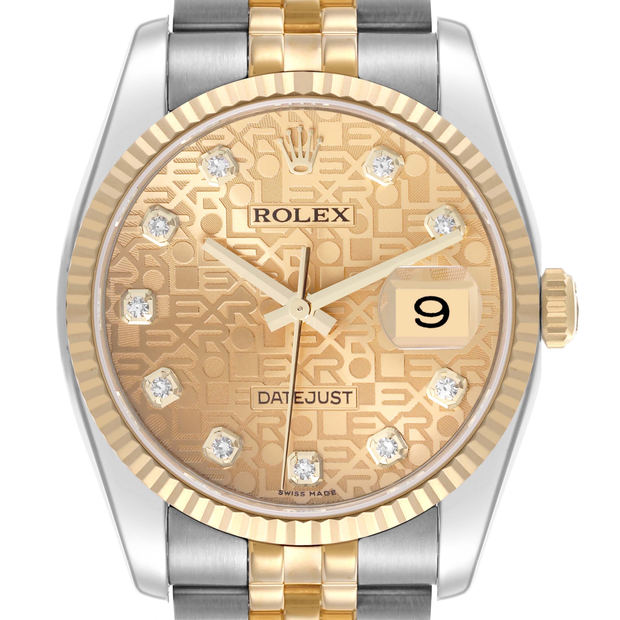 The Rolex Datejust 116233 Men
s Steel and Gold (two tone) Champagne Dial 116233 Men
s Steel and Gold (two tone) Champagne Dial watch is shown from the front, displaying the dial, bezel, crown, and part of the bracelet.