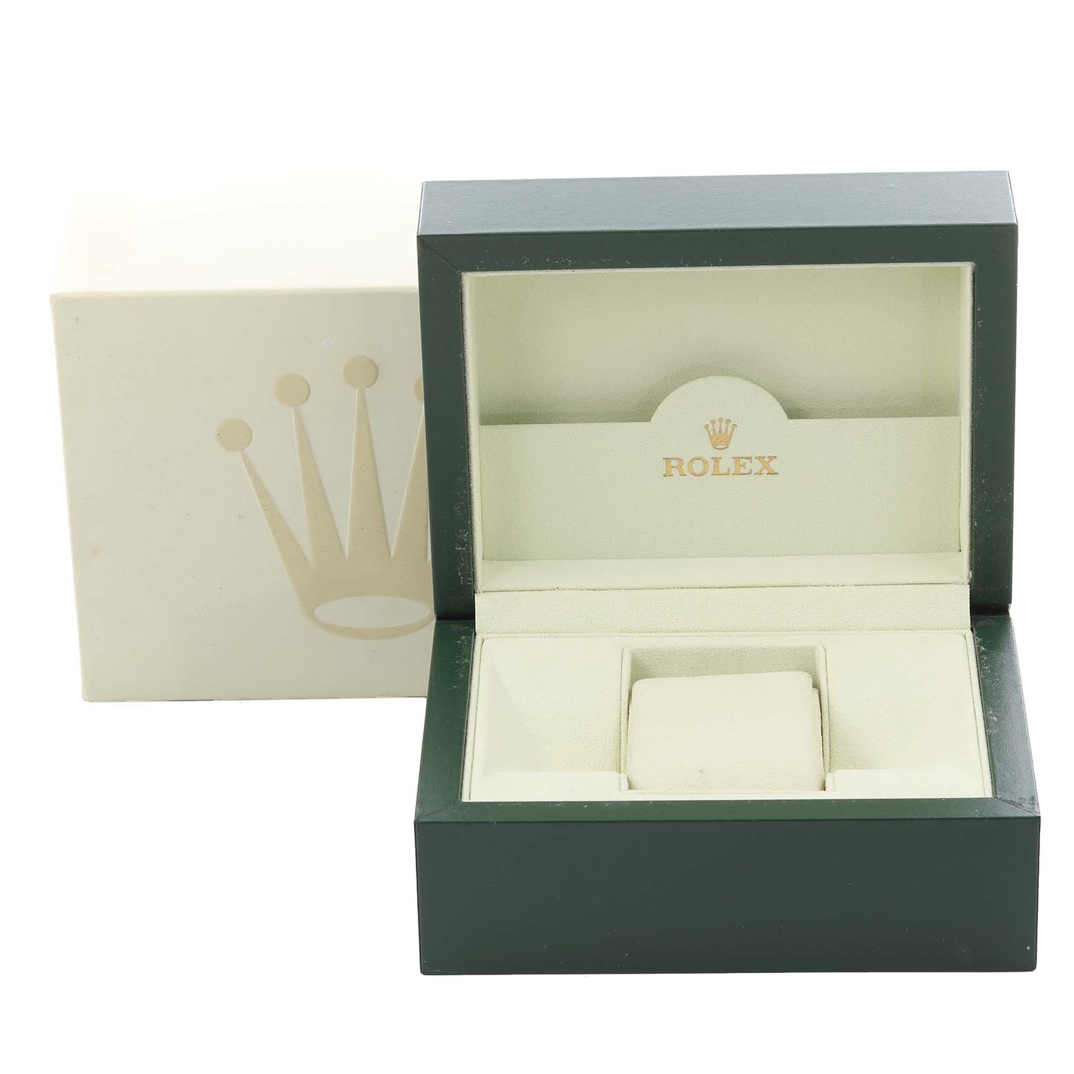 The image shows a green Rolex Datejust 116233 Men
s Steel and Gold (two tone) Champagne Dial 116233 Men
s Steel and Gold (two tone) Champagne Dial watch box, open with compartments visible.