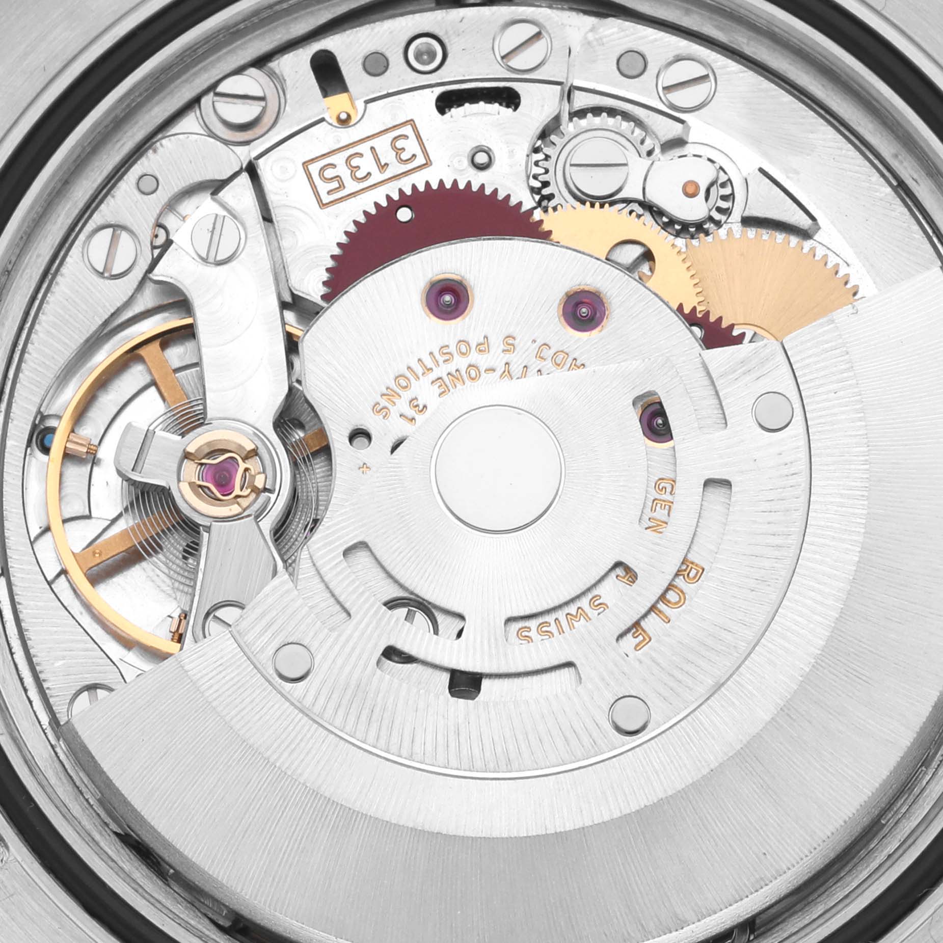 The image shows the intricate movement of a Rolex Datejust 116233 Men
s Steel and Gold (two tone) Champagne Dial 116233 Men
s Steel and Gold (two tone) Champagne Dial watch from an internal angle, highlighting gears and components.