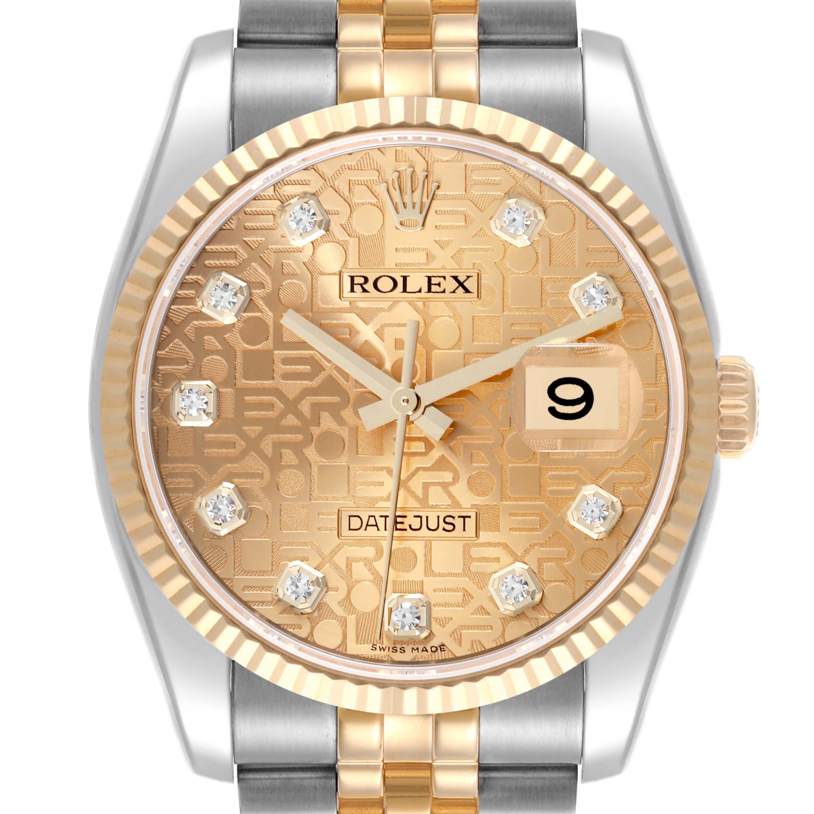 The image shows a front view of a Rolex Datejust 116233 Men
s Steel and Gold (two tone) Champagne Dial 116233 Men
s Steel and Gold (two tone) Champagne Dial watch, highlighting the dial, bezel, and a two-tone bracelet.