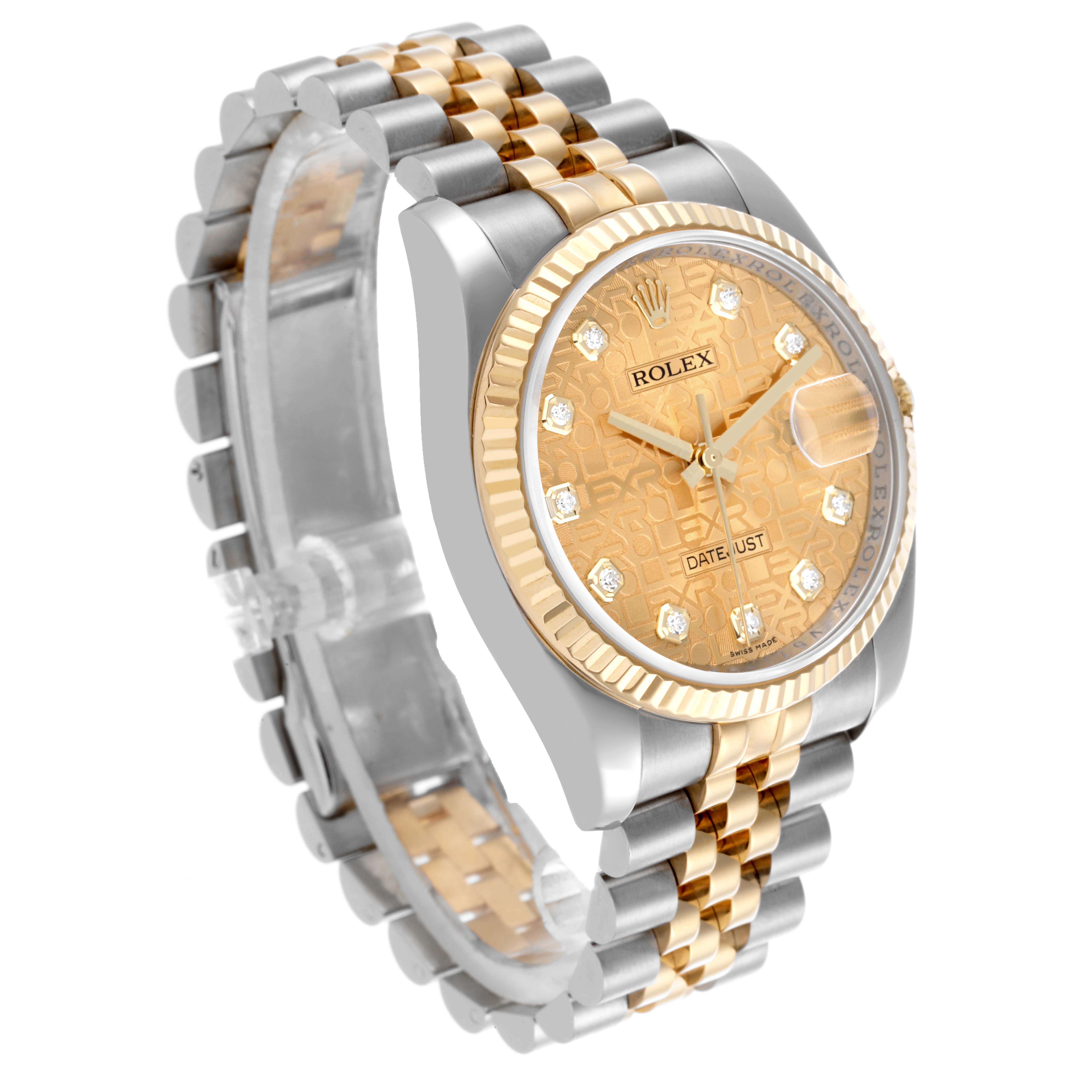 The Rolex Datejust 116233 Men
s Steel and Gold (two tone) Champagne Dial 116233 Men
s Steel and Gold (two tone) Champagne Dial watch is shown at a three-quarter angle, highlighting the dial, bezel, and Jubilee bracelet.