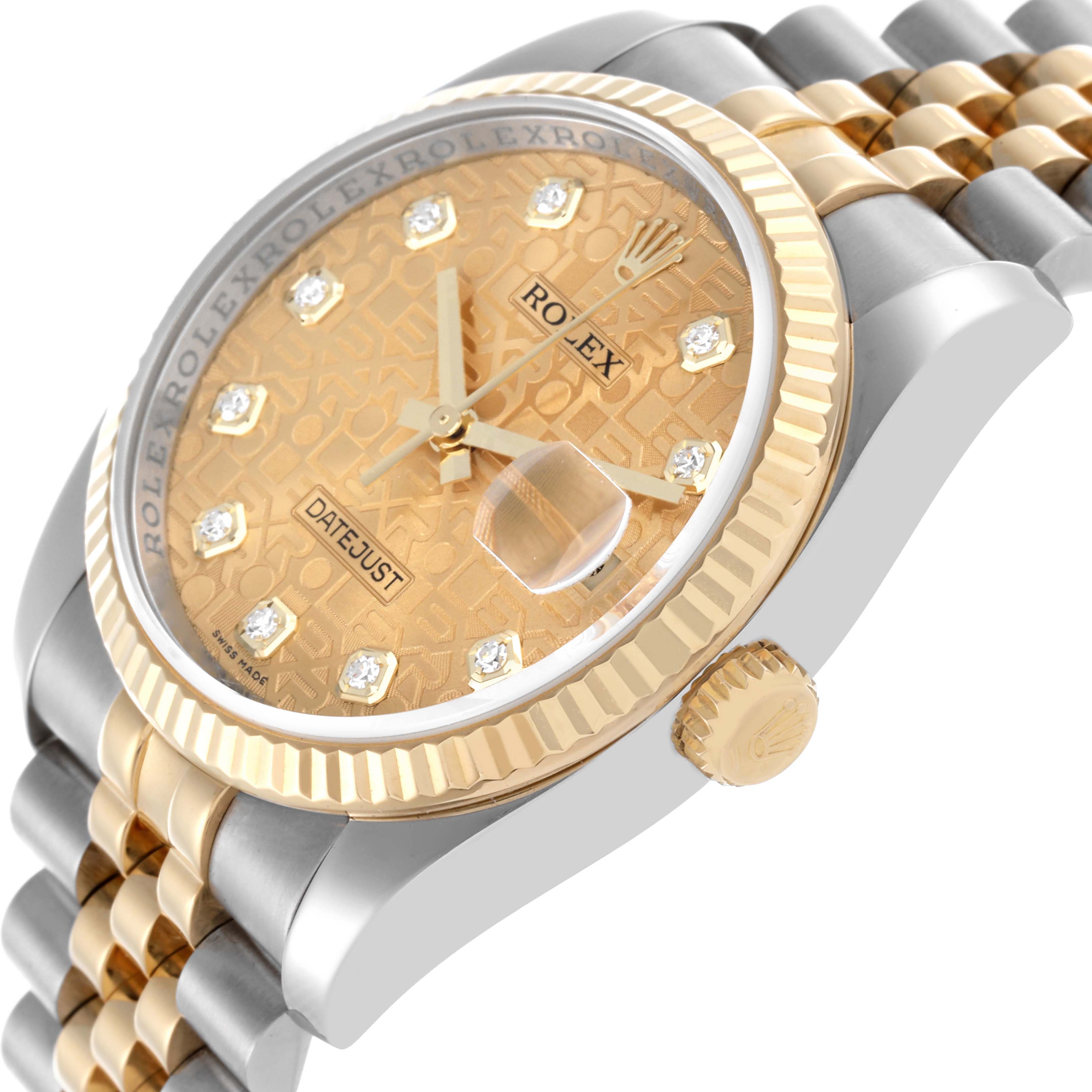 The Rolex Datejust 116233 Men
s Steel and Gold (two tone) Champagne Dial 116233 Men
s Steel and Gold (two tone) Champagne Dial watch is shown at an oblique angle highlighting the dial, bezel, and a portion of the bracelet.