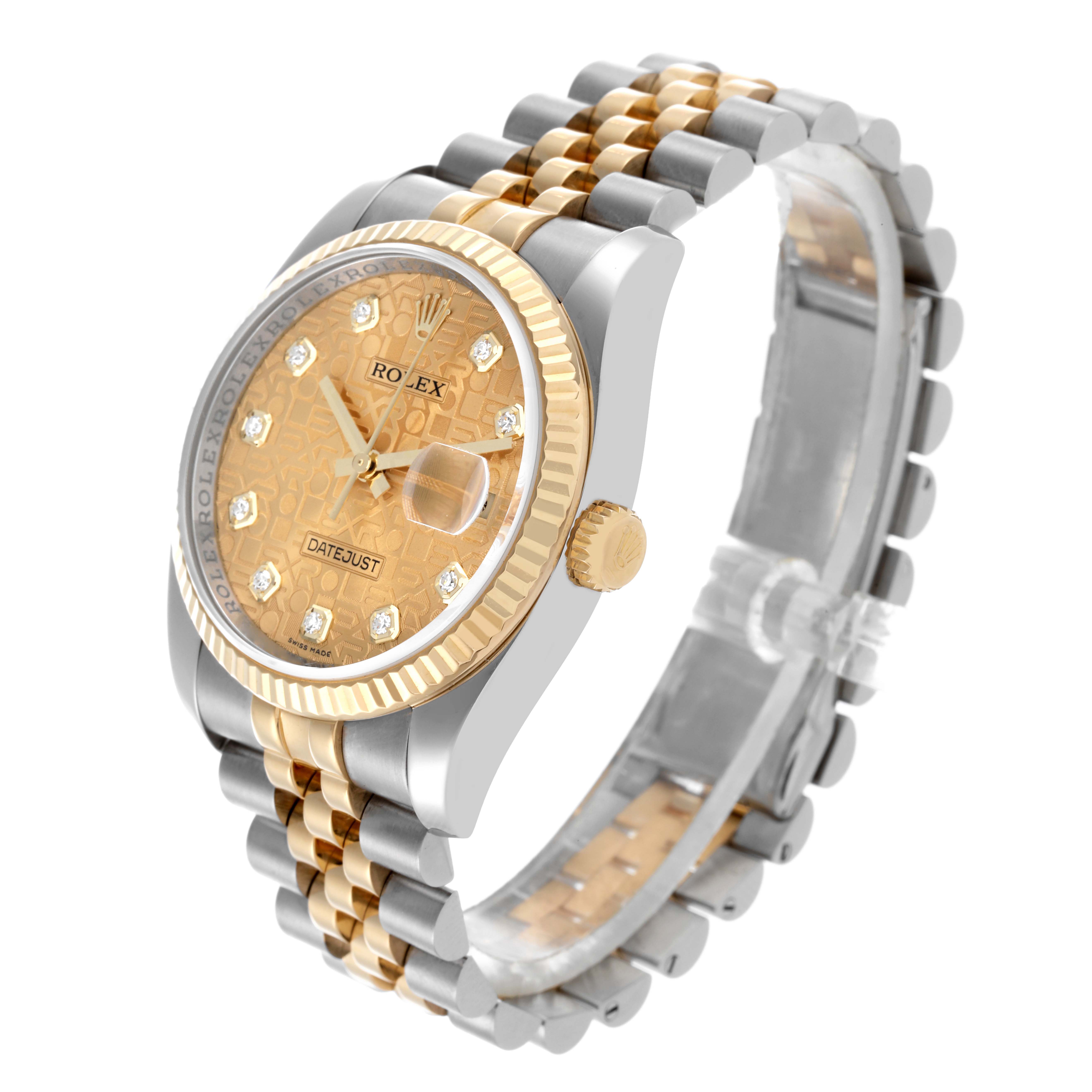 The Rolex Datejust 116233 Men
s Steel and Gold (two tone) Champagne Dial 116233 Men
s Steel and Gold (two tone) Champagne Dial watch is shown at a three-quarter angle, displaying the dial, bezel, and bracelet.