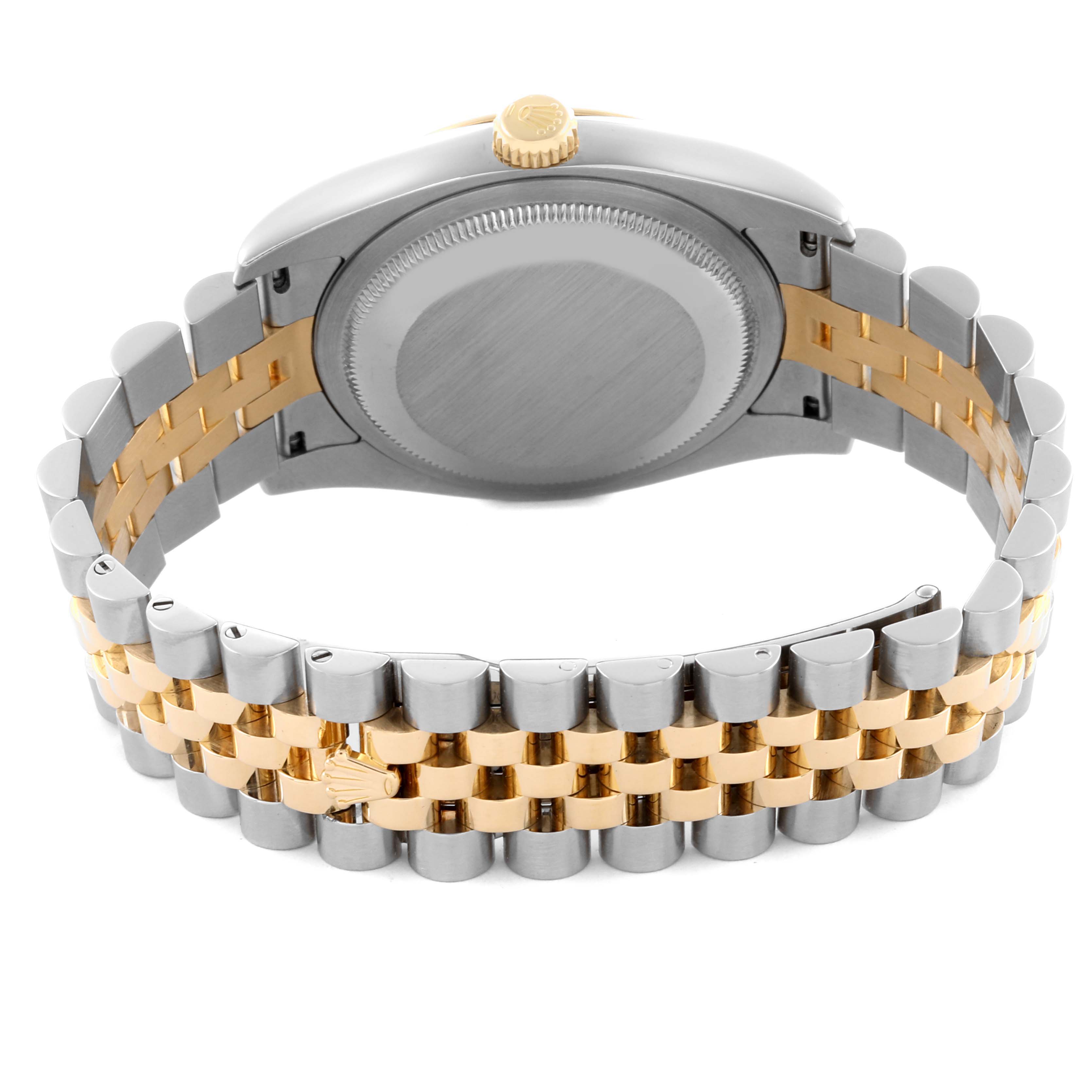 The Rolex Datejust 116233 Men
s Steel and Gold (two tone) Champagne Dial 116233 Men
s Steel and Gold (two tone) Champagne Dial watch is shown from the back, highlighting its case and two-tone bracelet.