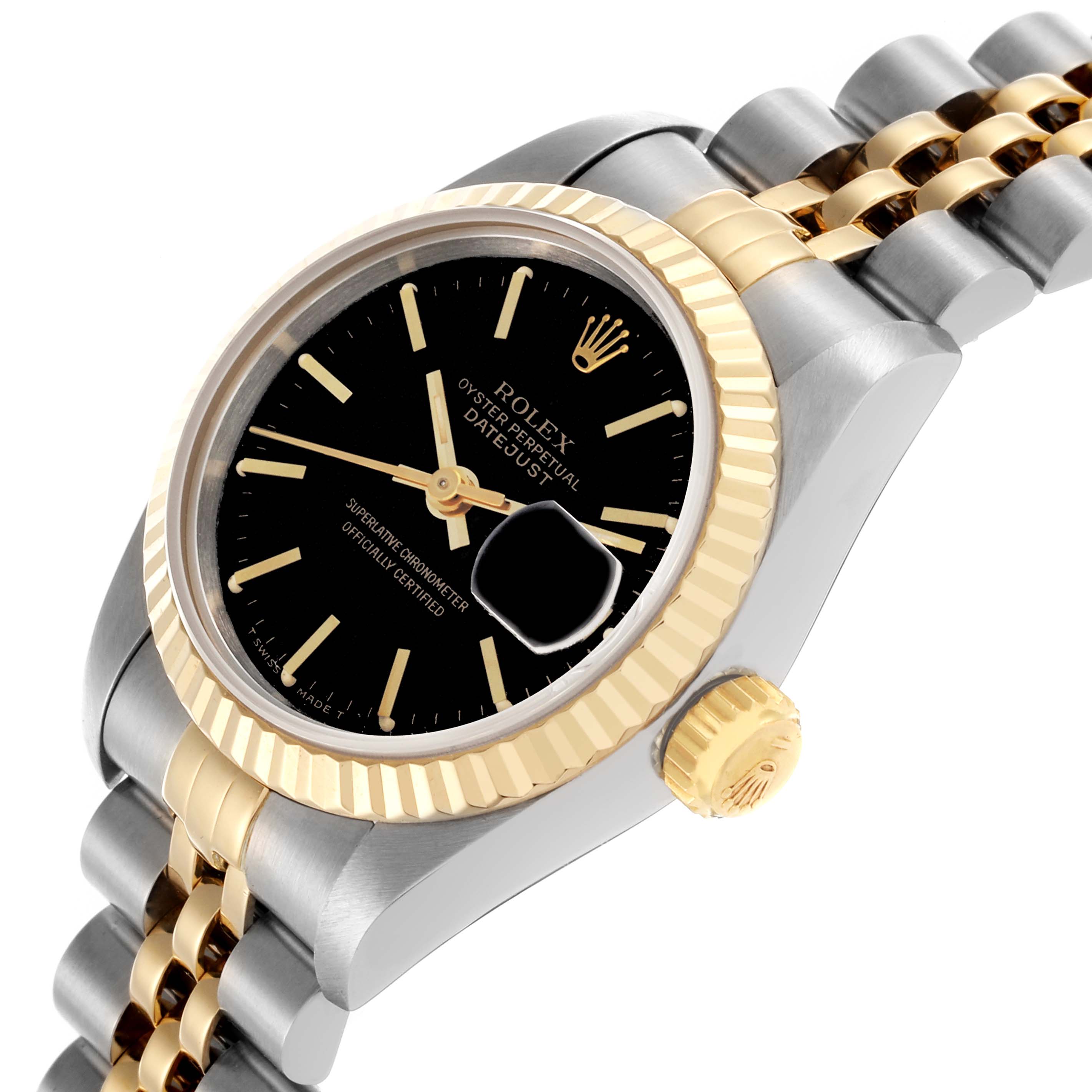 The Rolex Datejust 69173 Women's Steel and Gold (two tone) Black Dial 69173 Women's Steel and Gold (two tone) Black Dial watch is shown at a slight angle, highlighting the dial, bezel, crown, and Jubilee bracelet.