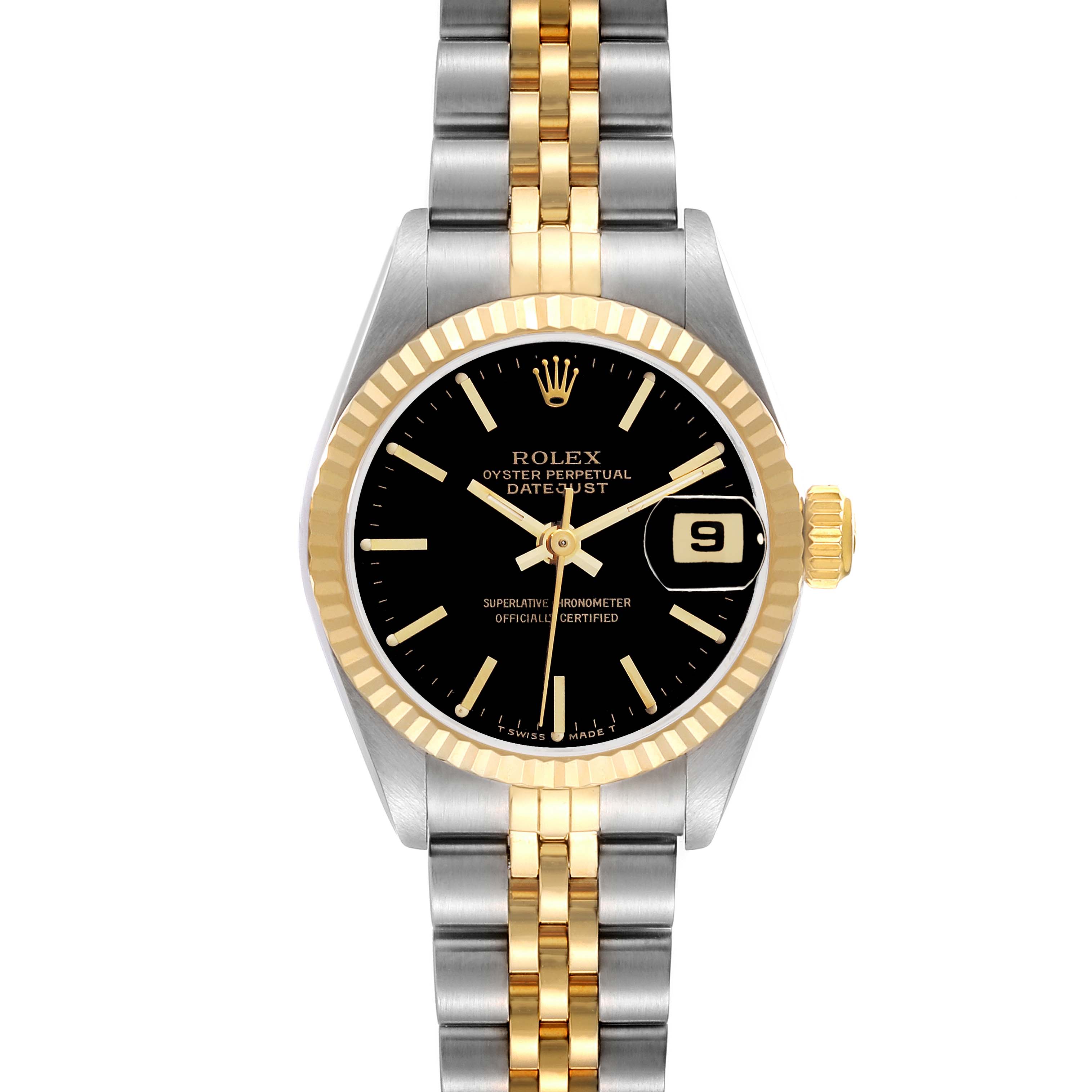 The Rolex Datejust 69173 Women's Steel and Gold (two tone) Black Dial 69173 Women's Steel and Gold (two tone) Black Dial watch is shown from a front view, displaying the face, bezel, and bracelet clearly.