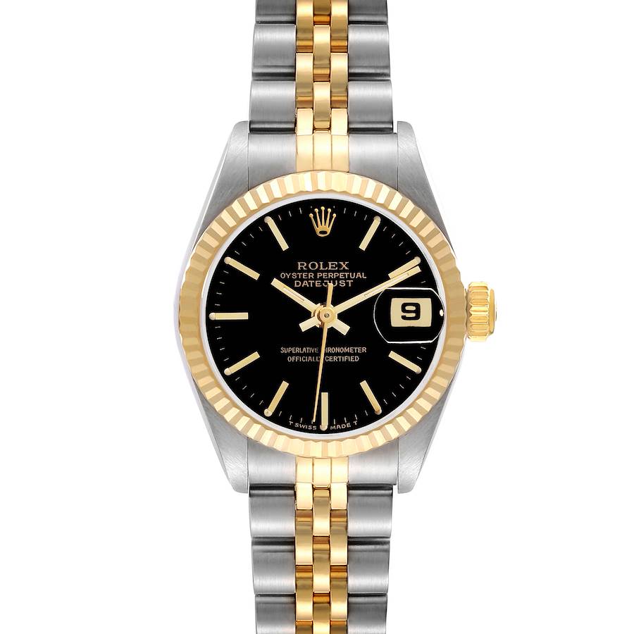 The Rolex Datejust watch is shown from a front view, displaying the face, bezel, and bracelet clearly.