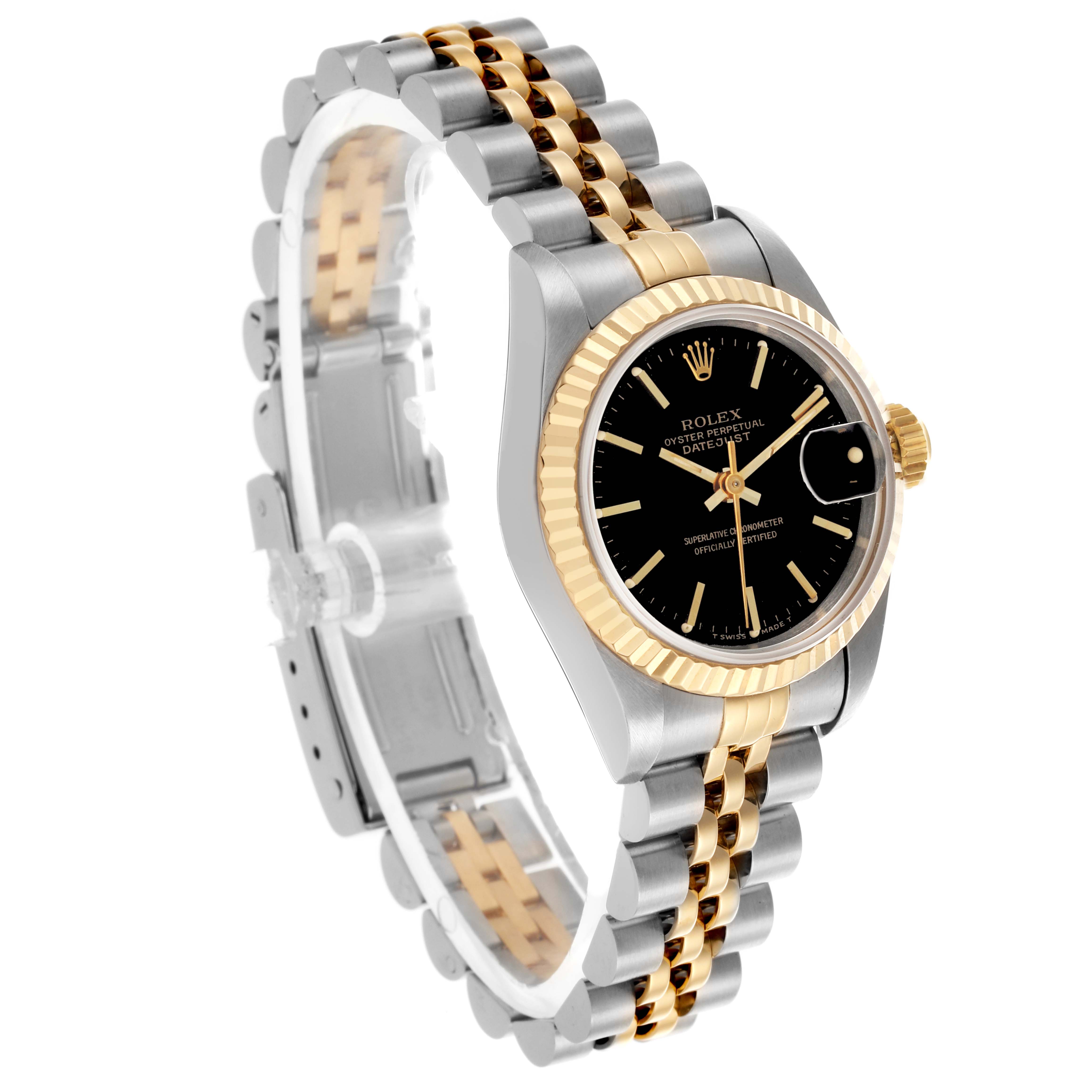 The image shows the Rolex Datejust 69173 Women's Steel and Gold (two tone) Black Dial 69173 Women's Steel and Gold (two tone) Black Dial watch at an angled view, highlighting the bezel, dial, and bracelet.