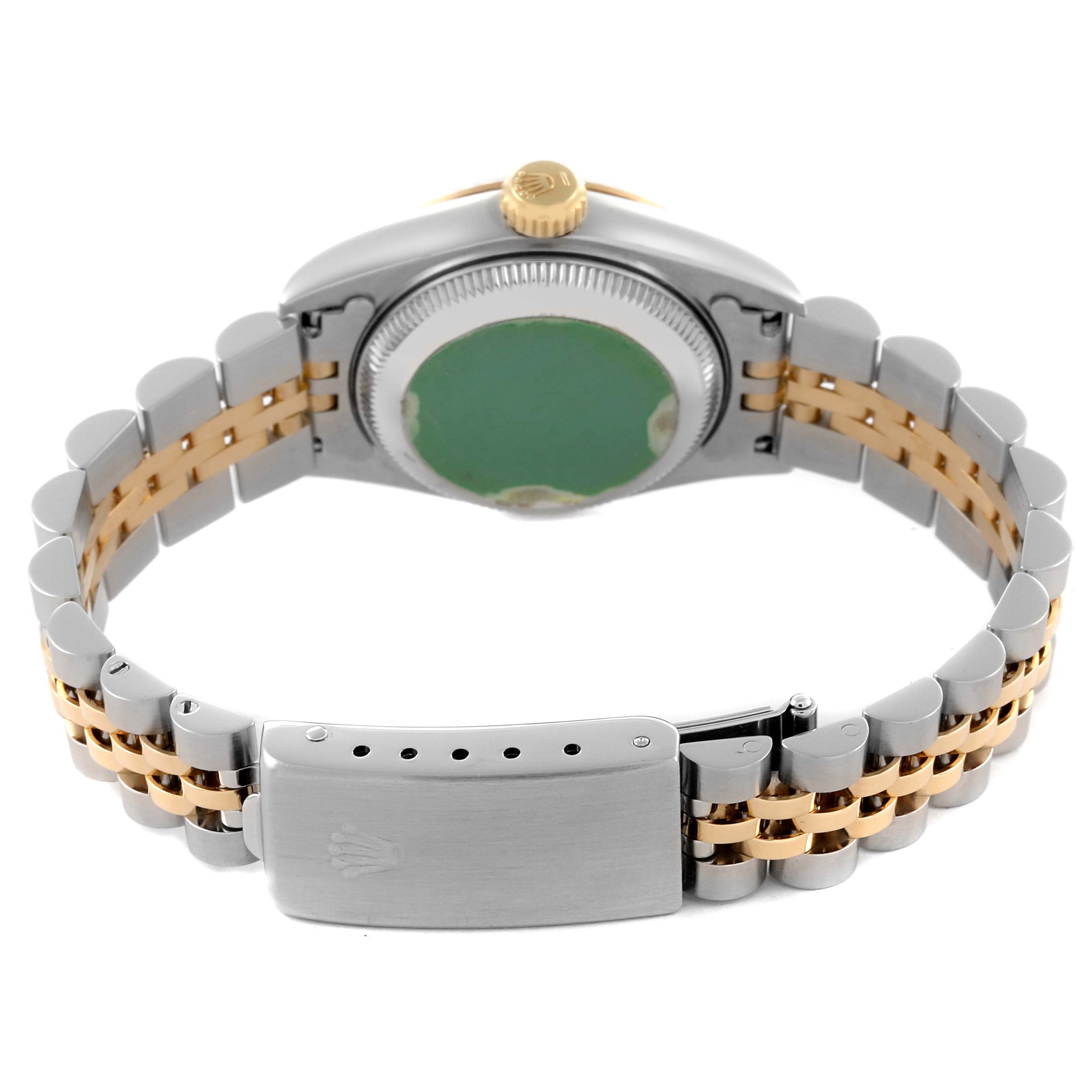 The image shows the back and bracelet clasp of a Rolex Datejust 69173 Women's Steel and Gold (two tone) Black Dial 69173 Women's Steel and Gold (two tone) Black Dial, highlighting its two-tone metal links.