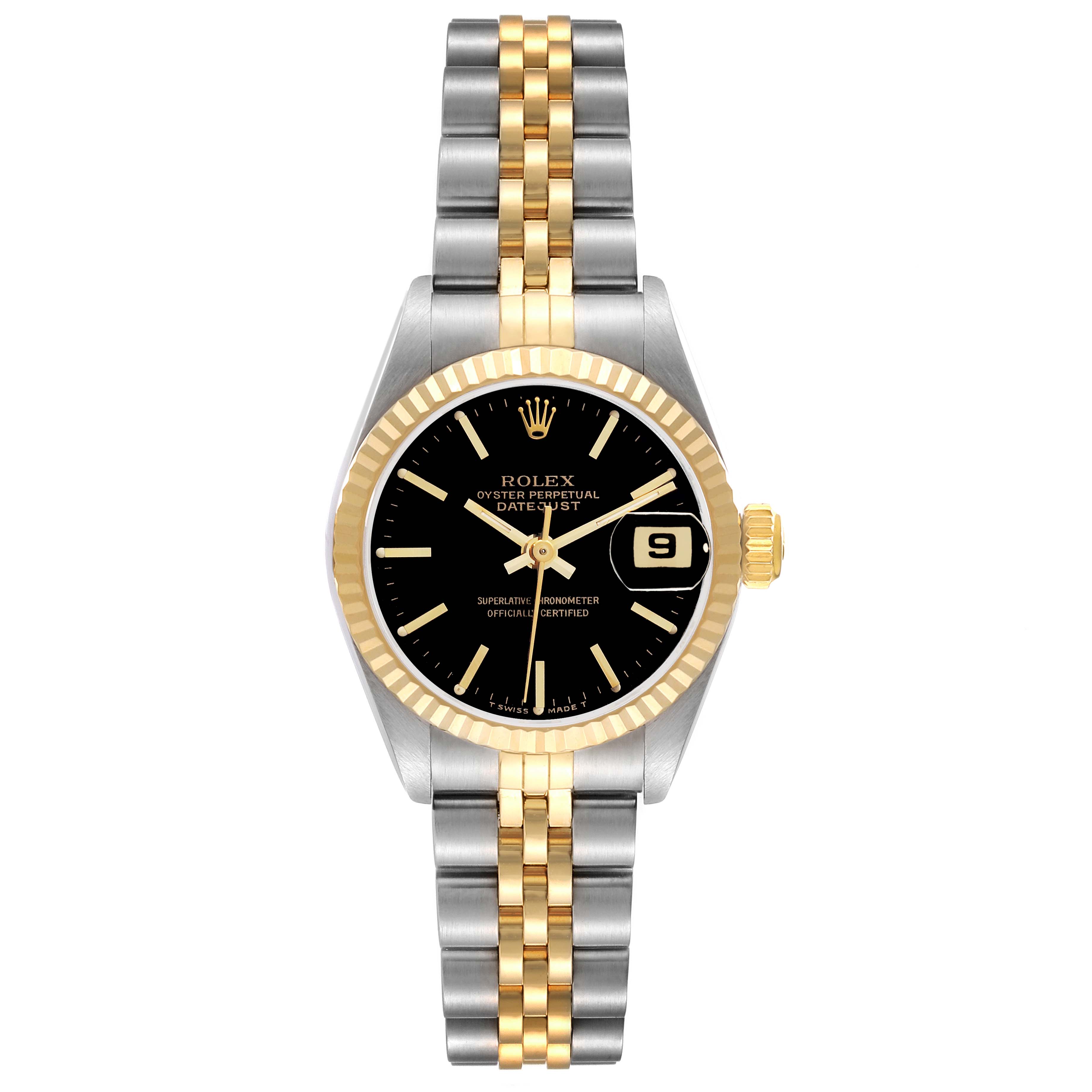 The Rolex Datejust 69173 Women's Steel and Gold (two tone) Black Dial 69173 Women's Steel and Gold (two tone) Black Dial watch is shown from the front, highlighting the dial, bezel, and jubilee bracelet.