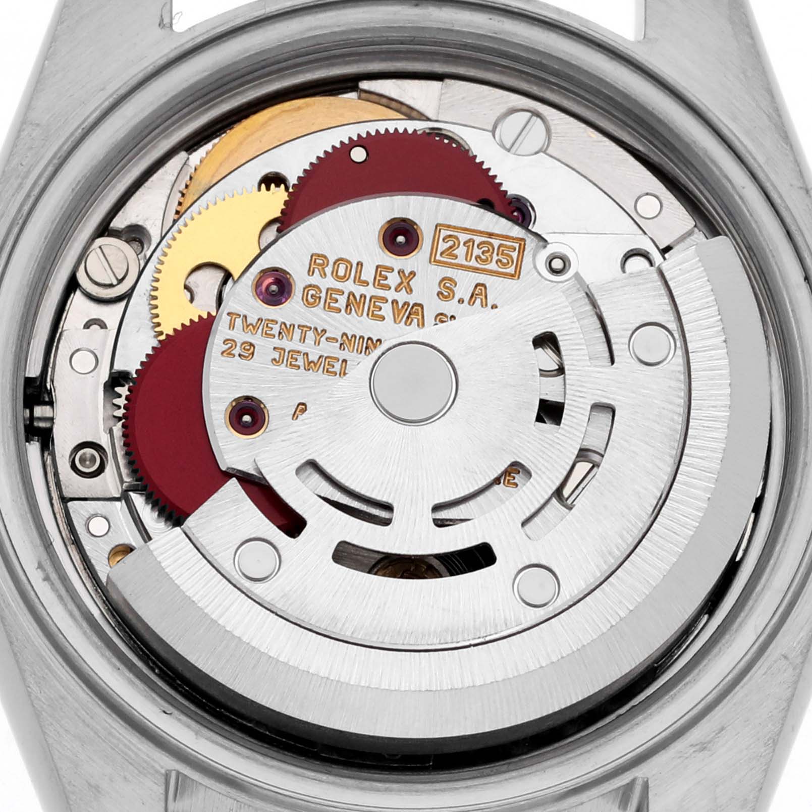 The image shows the movement and internal mechanism of the Rolex Datejust 69173 Women's Steel and Gold (two tone) Black Dial 69173 Women's Steel and Gold (two tone) Black Dial watch from a back angle.