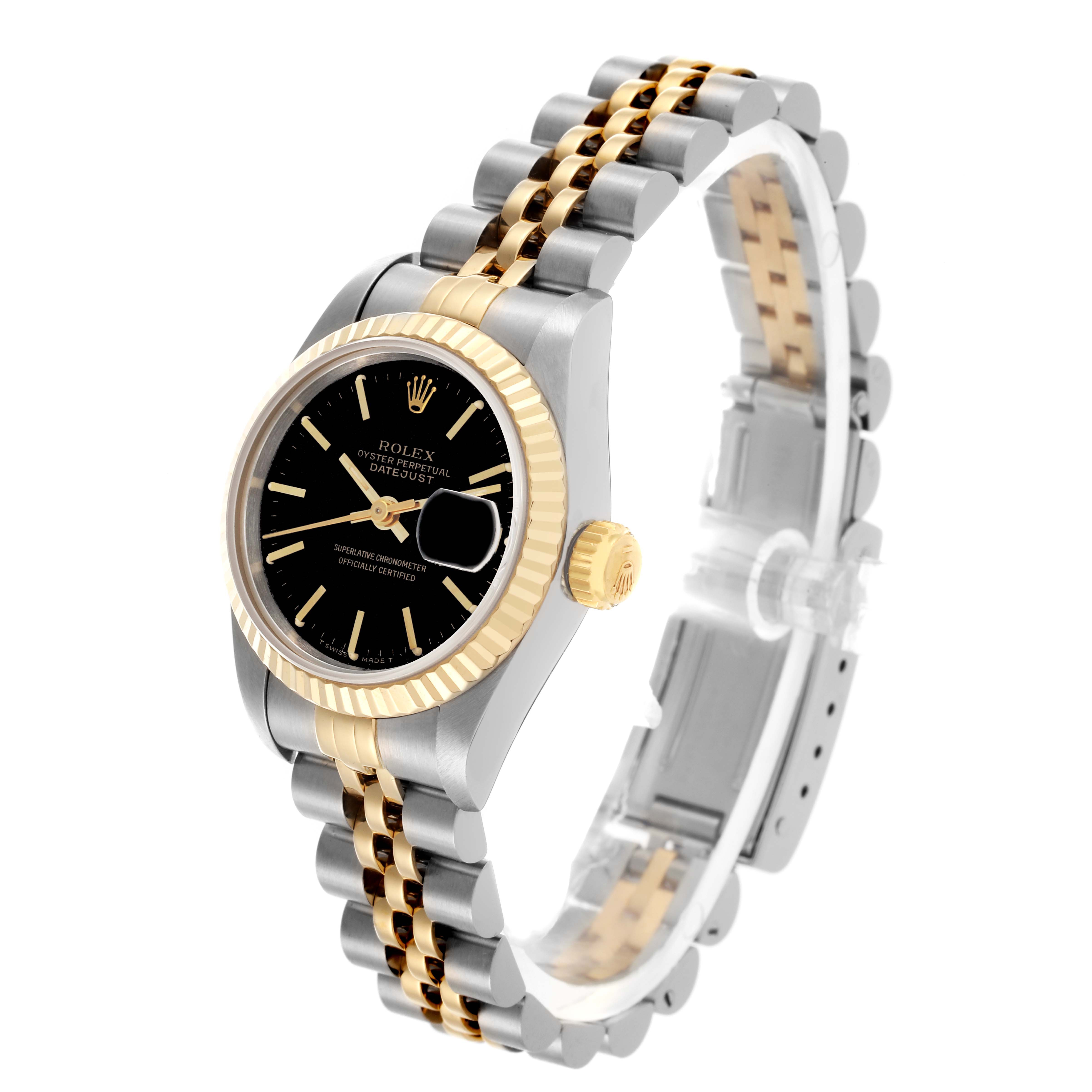 The Rolex Datejust 69173 Women's Steel and Gold (two tone) Black Dial 69173 Women's Steel and Gold (two tone) Black Dial watch is shown at a slight angle, displaying the face, bezel, crown, and part of the bracelet.