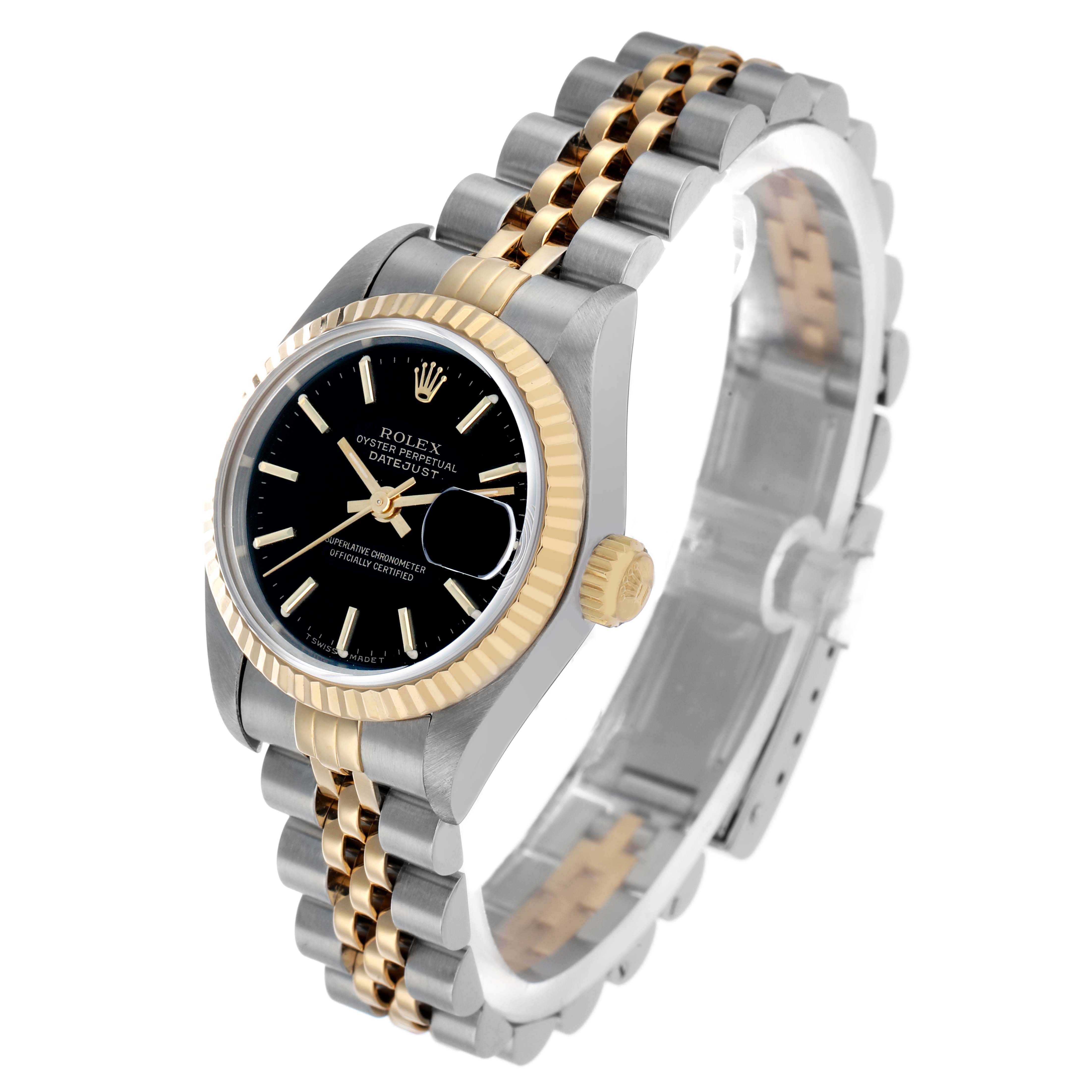 The Rolex Datejust 69173 Women's Steel and Gold (two tone) Black Dial watch is shown at a three-quarter angle, displaying the face, bezel, and two-tone bracelet.