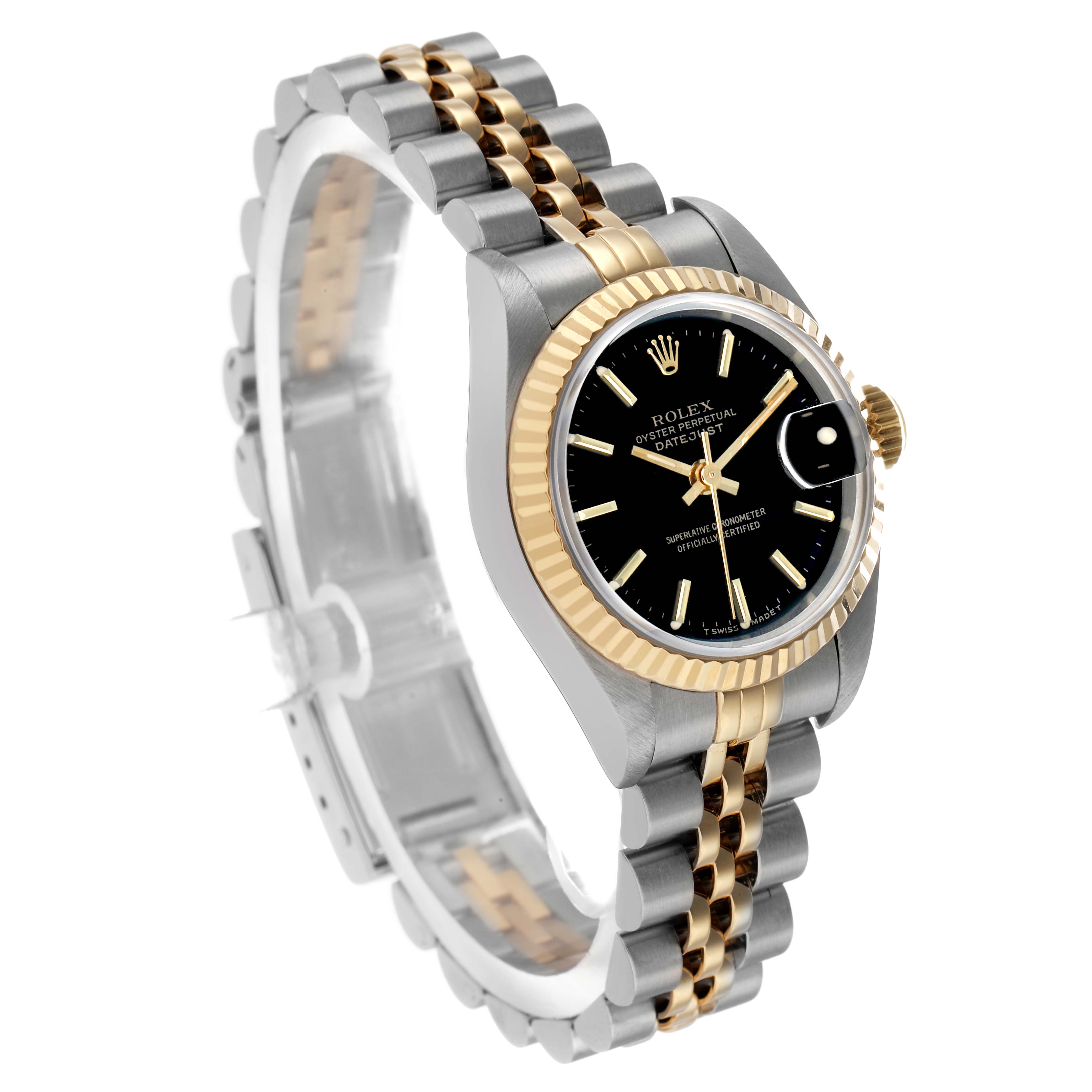 The Rolex Datejust 69173 Women's Steel and Gold (two tone) Black Dial watch is shown at a three-quarter angle, highlighting its two-tone bracelet and fluted bezel.
