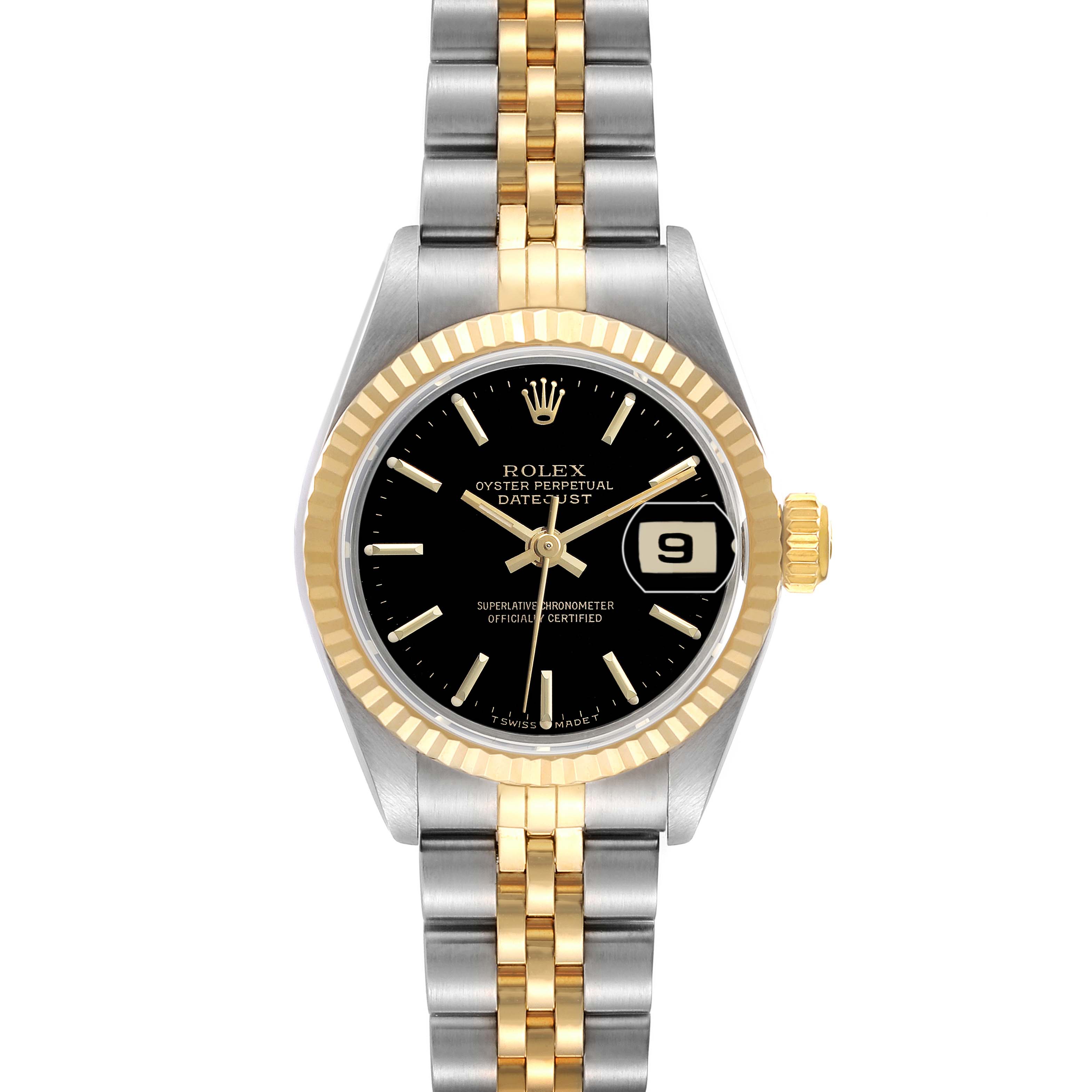 The Rolex Datejust 69173 Women's Steel and Gold (two tone) Black Dial watch is shown from a front view, displaying the bracelet, bezel, crown, and dial with date window.