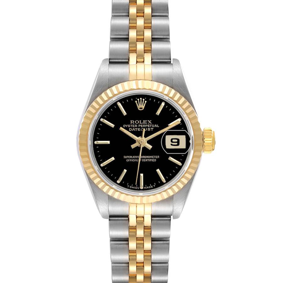 The Rolex Datejust 69173 Women's Steel and Gold (two tone) Black Dial watch is shown from a front view, displaying the bracelet, bezel, crown, and dial with date window.