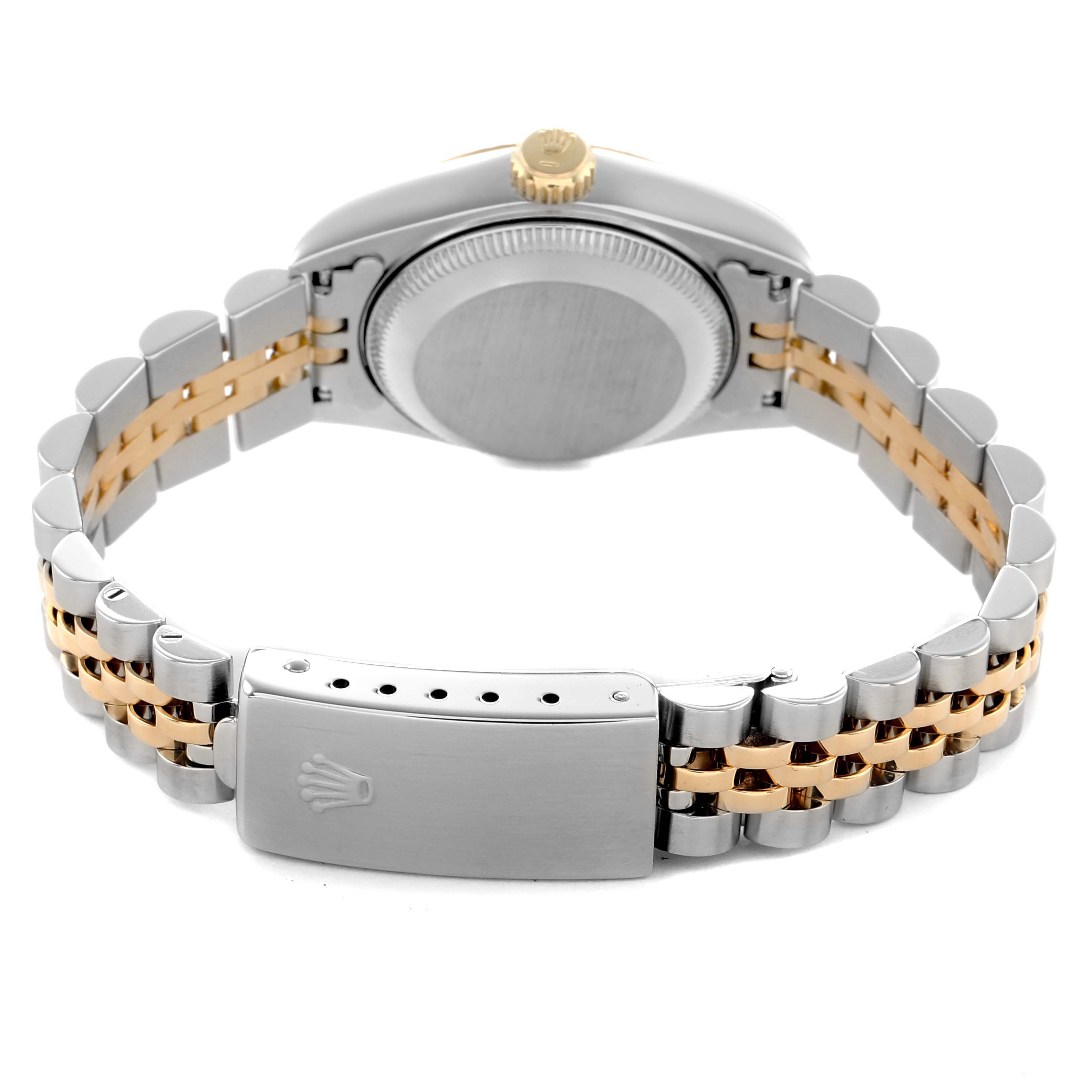The image shows the back view of a Rolex Datejust 69173 Women's Steel and Gold (two tone) Black Dial watch, highlighting the clasp, bracelet, and case back.