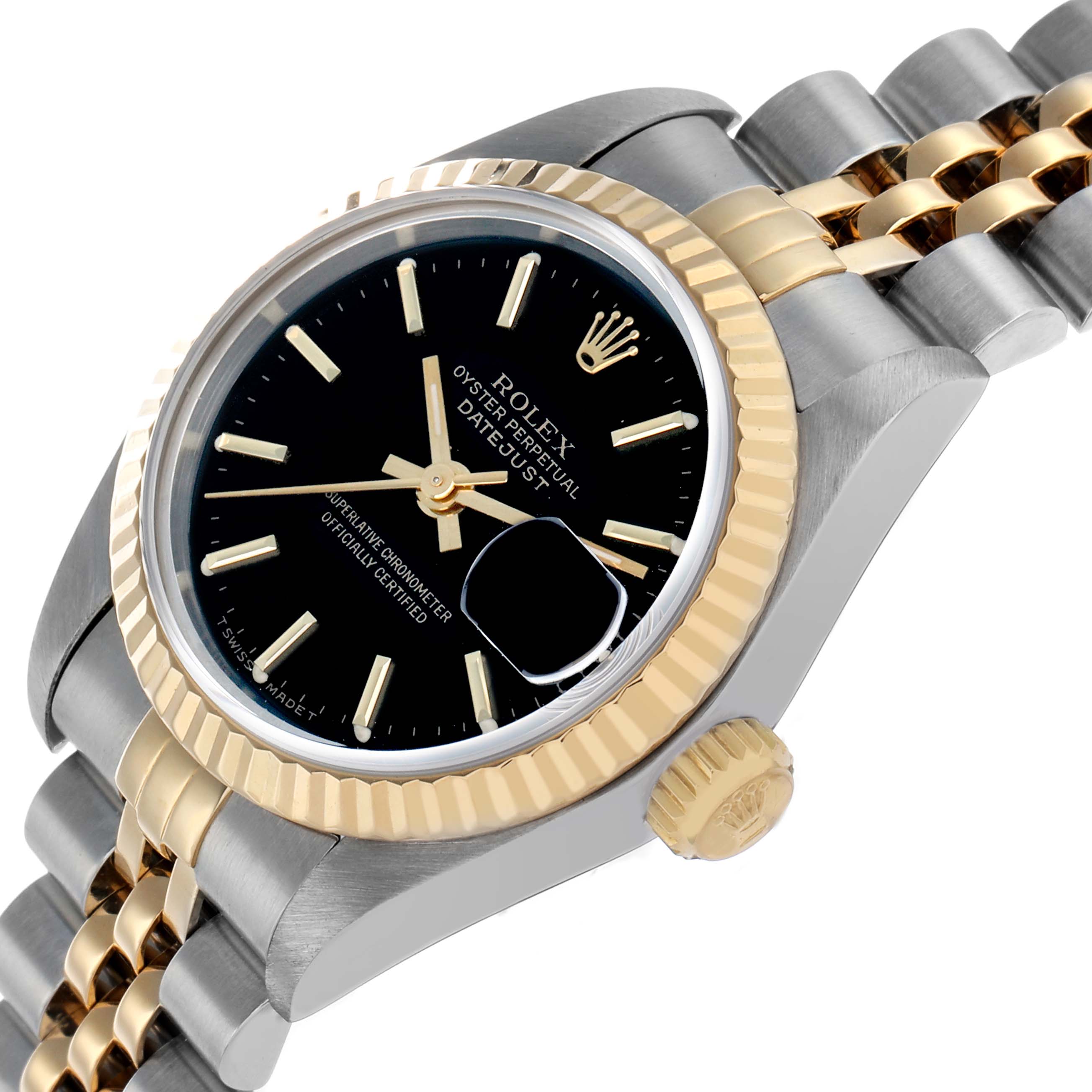 The Rolex Datejust 69173 Women's Steel and Gold (two tone) Black Dial watch is shown at a slight angle, displaying its black dial, gold fluted bezel, Jubilee bracelet, and cyclops lens.