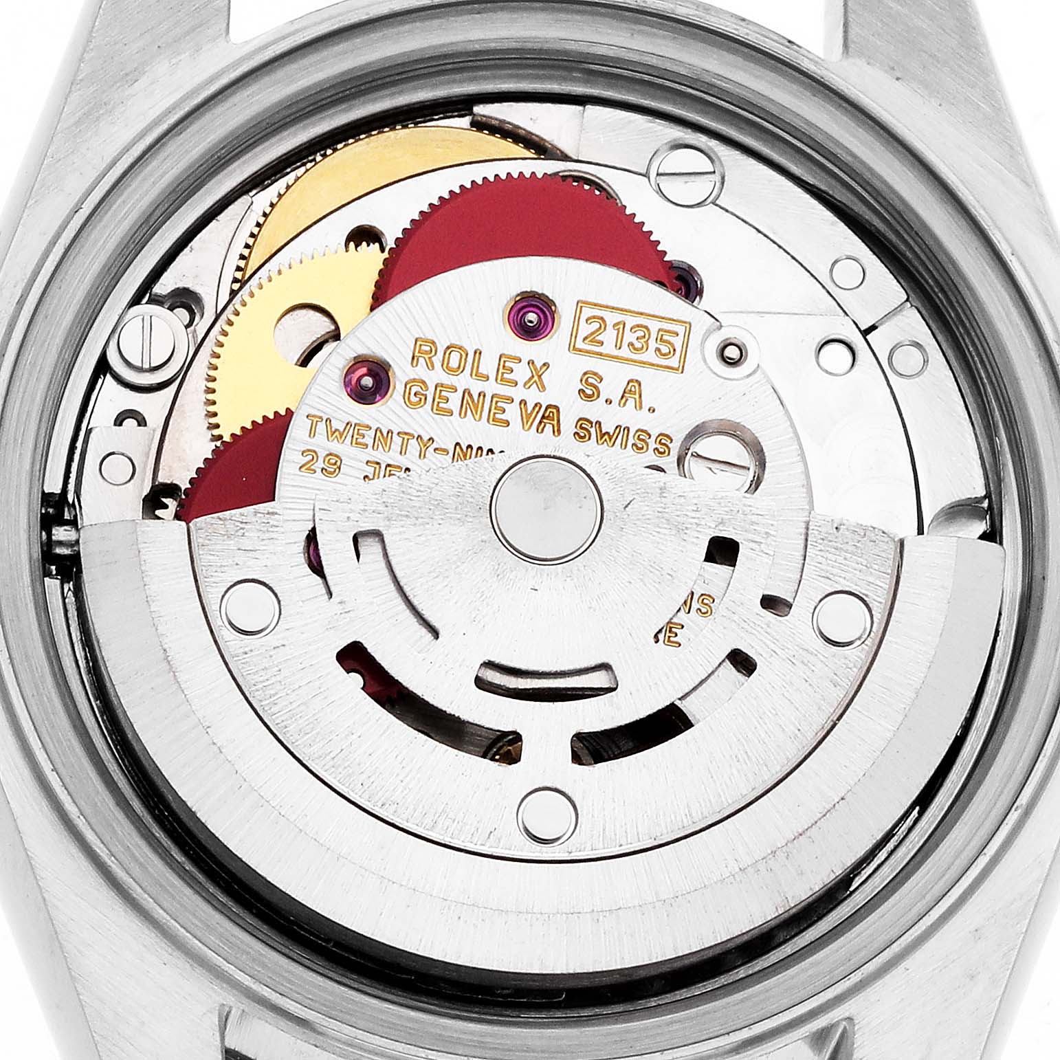 The image shows the internal movement mechanics of a Rolex Datejust 69173 Women's Steel and Gold (two tone) Black Dial watch from the back.