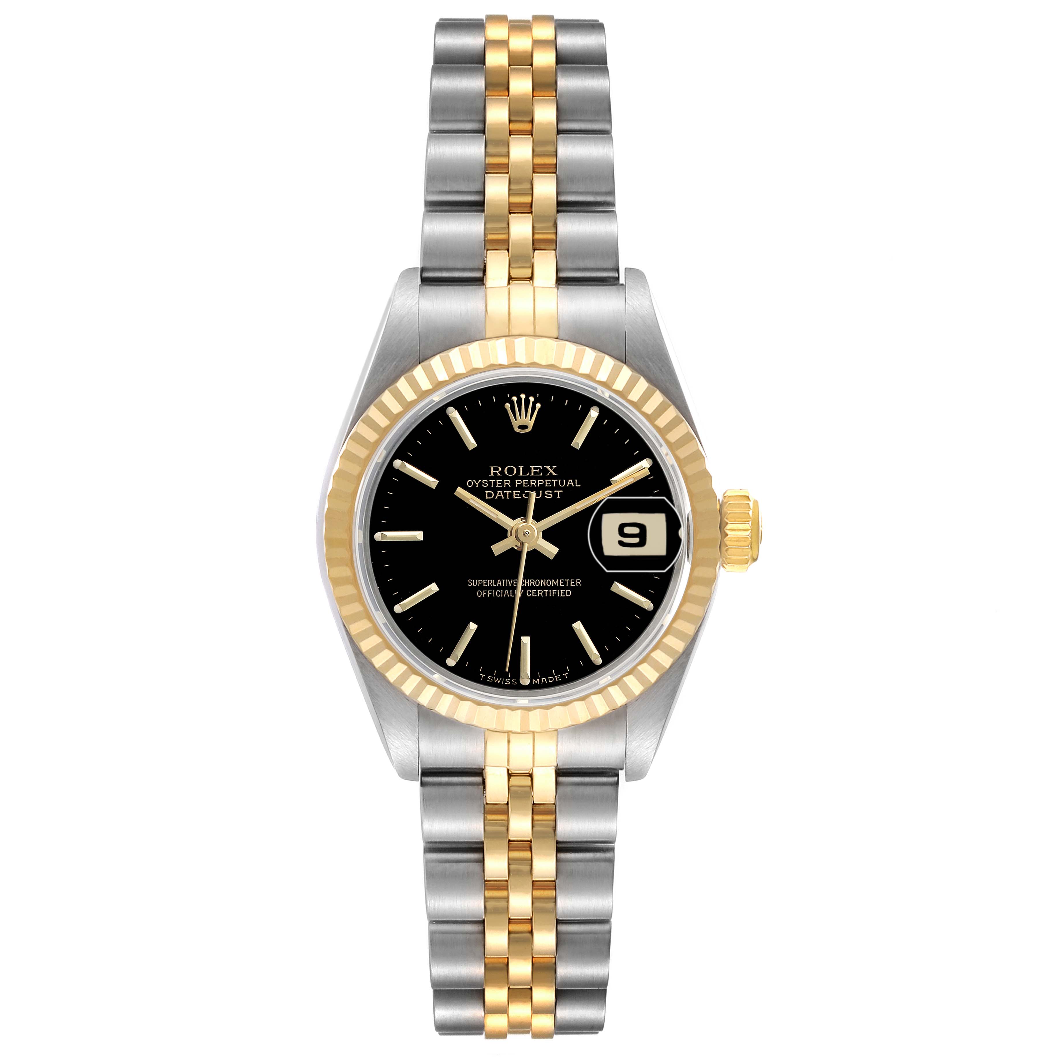 The Rolex Datejust 69173 Women's Steel and Gold (two tone) Black Dial watch is shown from a top-down view, featuring a gold and silver bracelet, black dial, and date window.