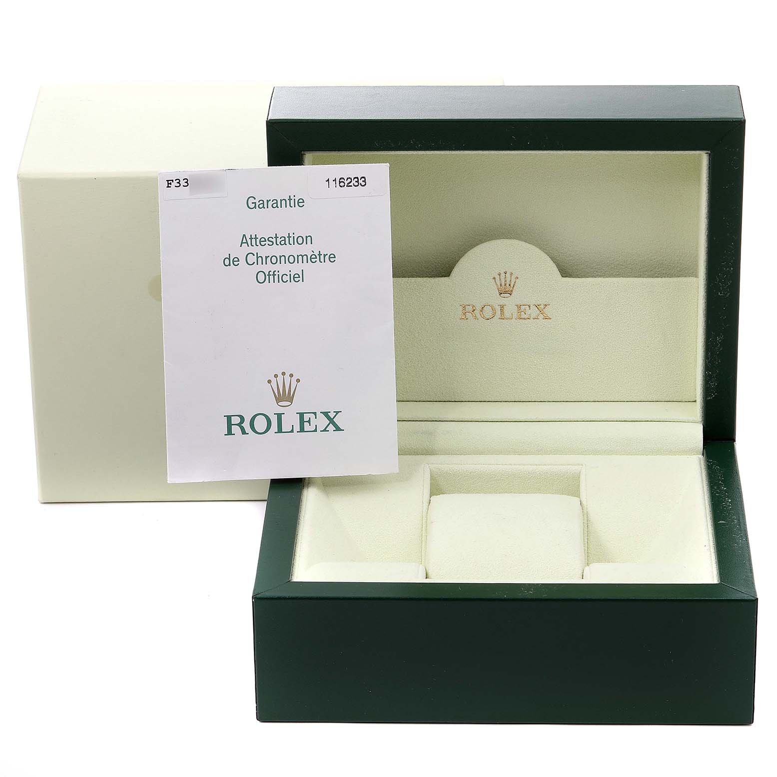 The image shows the empty box and warranty card for a Rolex Datejust 116233 Men's Steel and Gold (two tone) Black Dial 116233 Men's Steel and Gold (two tone) Black Dial watch.