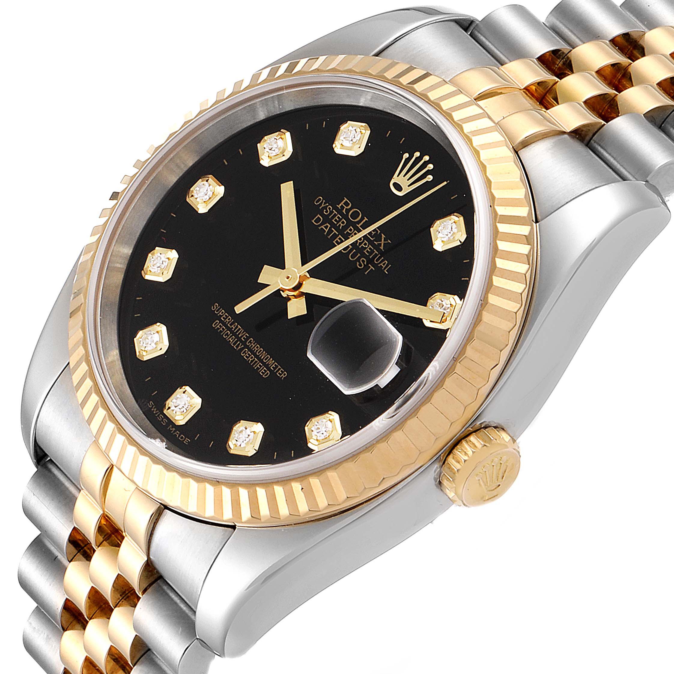 This image shows a close-up angle of the Rolex Datejust 116233 Men's Steel and Gold (two tone) Black Dial 116233 Men's Steel and Gold (two tone) Black Dial watch, highlighting its black dial, gold hands, and two-tone bracelet.