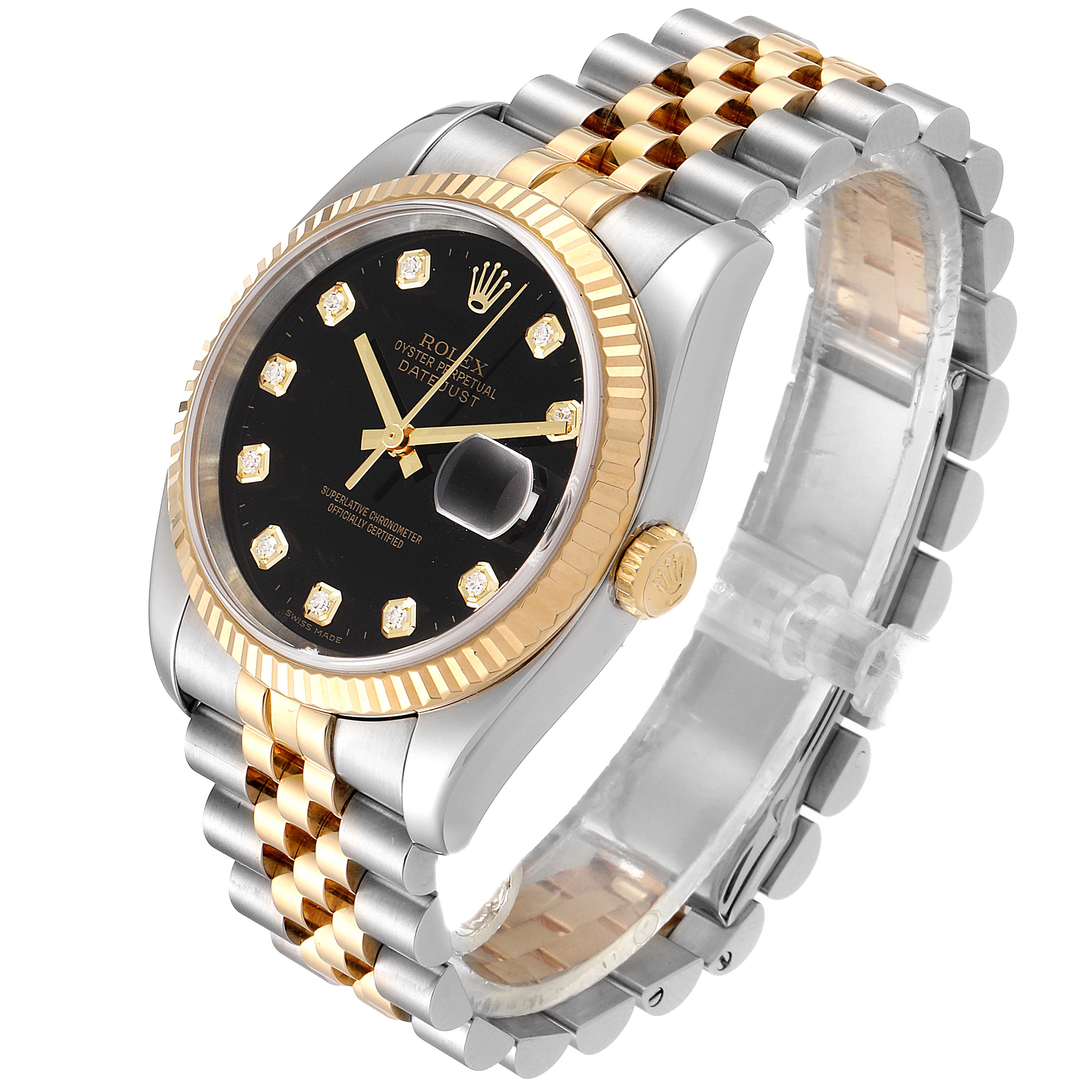 This Rolex Datejust 116233 Men's Steel and Gold (two tone) Black Dial 116233 Men's Steel and Gold (two tone) Black Dial watch is shown from an angle highlighting the face, bezel, and bracelet.