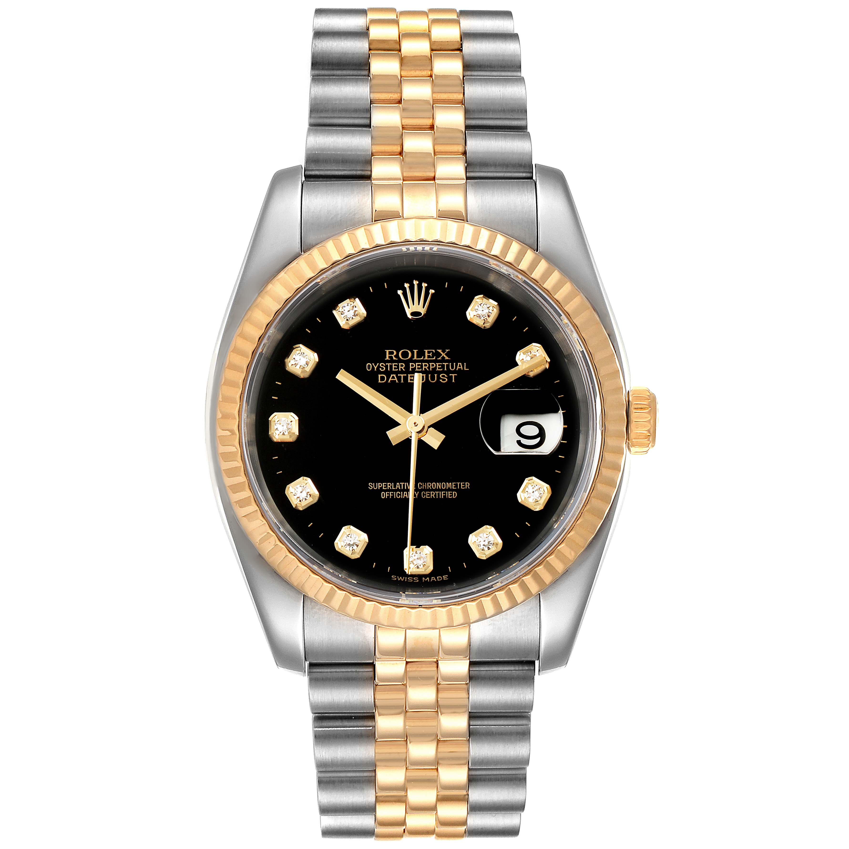 The Rolex Datejust 116233 Men's Steel and Gold (two tone) Black Dial 116233 Men's Steel and Gold (two tone) Black Dial watch is shown from a front angle, displaying its black dial, fluted bezel, and two-tone bracelet.