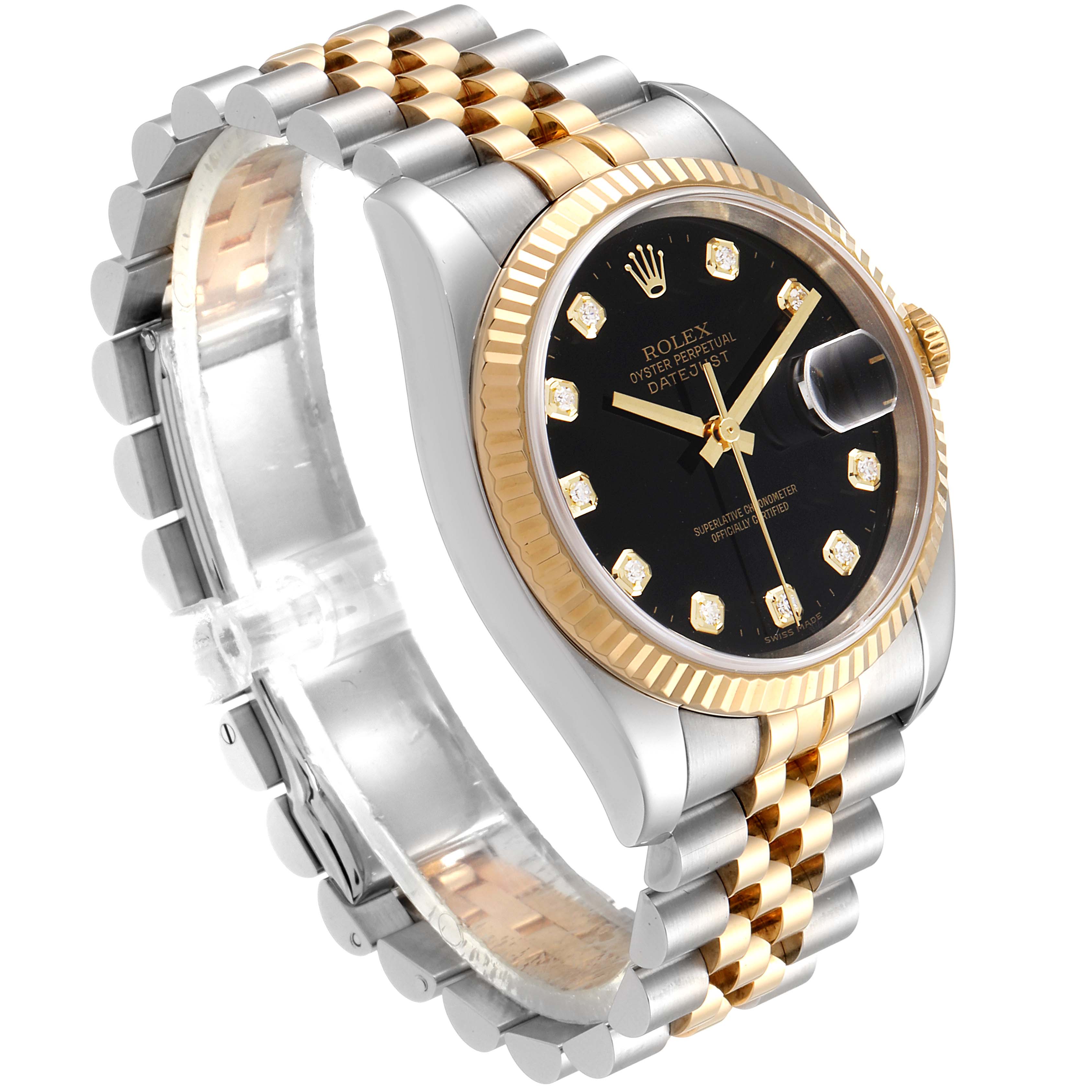 The Rolex Datejust 116233 Men's Steel and Gold (two tone) Black Dial 116233 Men's Steel and Gold (two tone) Black Dial watch is shown at an angle, displaying the black dial, diamond hour markers, fluted bezel, and two-tone bracelet.