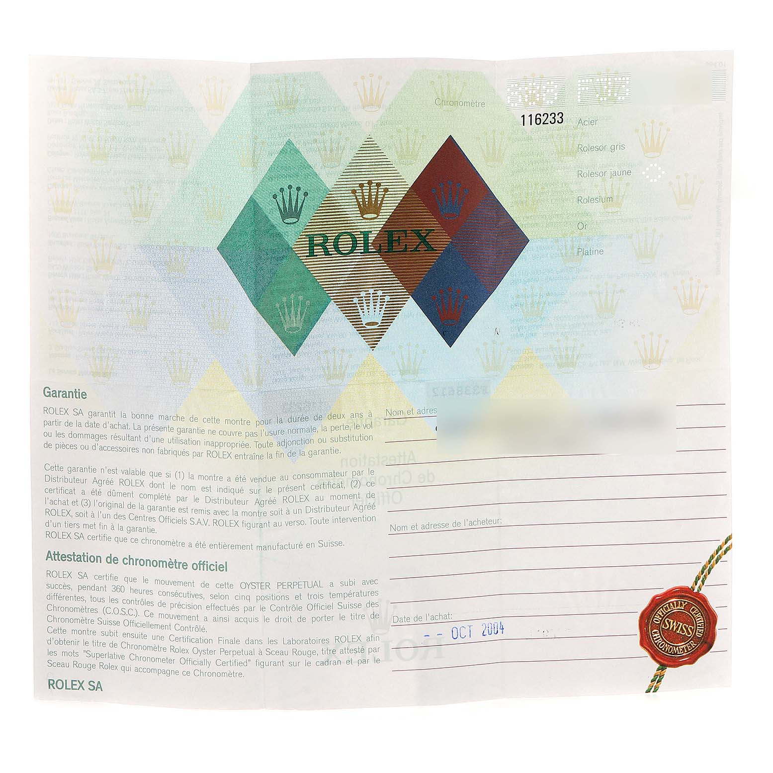 The image shows the official warranty and chronometer certification paperwork for a Rolex Datejust 116233 Men's Steel and Gold (two tone) Black Dial 116233 Men's Steel and Gold (two tone) Black Dial watch.