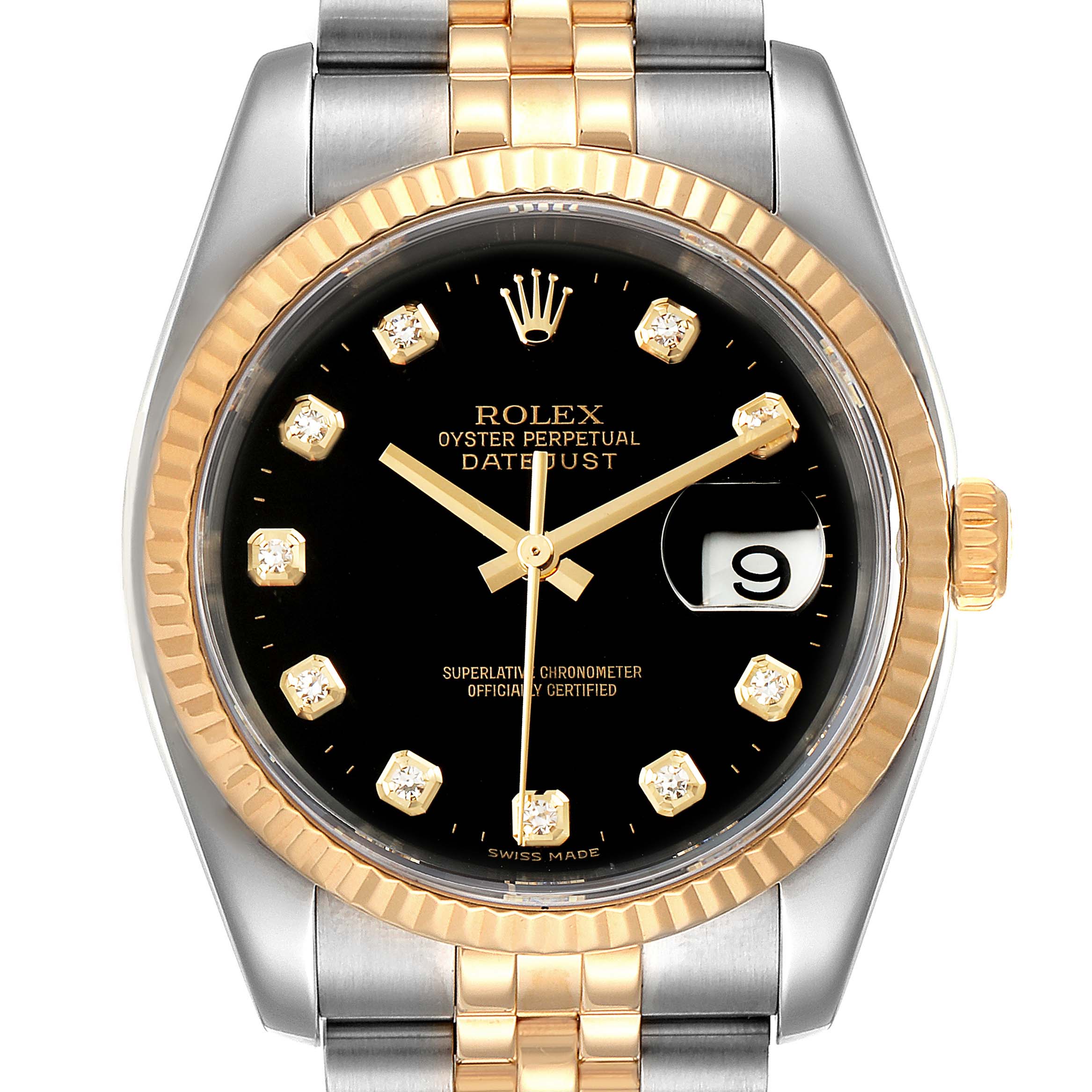 This image shows the Rolex Datejust 116233 Men's Steel and Gold (two tone) Black Dial 116233 Men's Steel and Gold (two tone) Black Dial watch from a front angle, highlighting its black dial, date window, and two-tone bracelet.