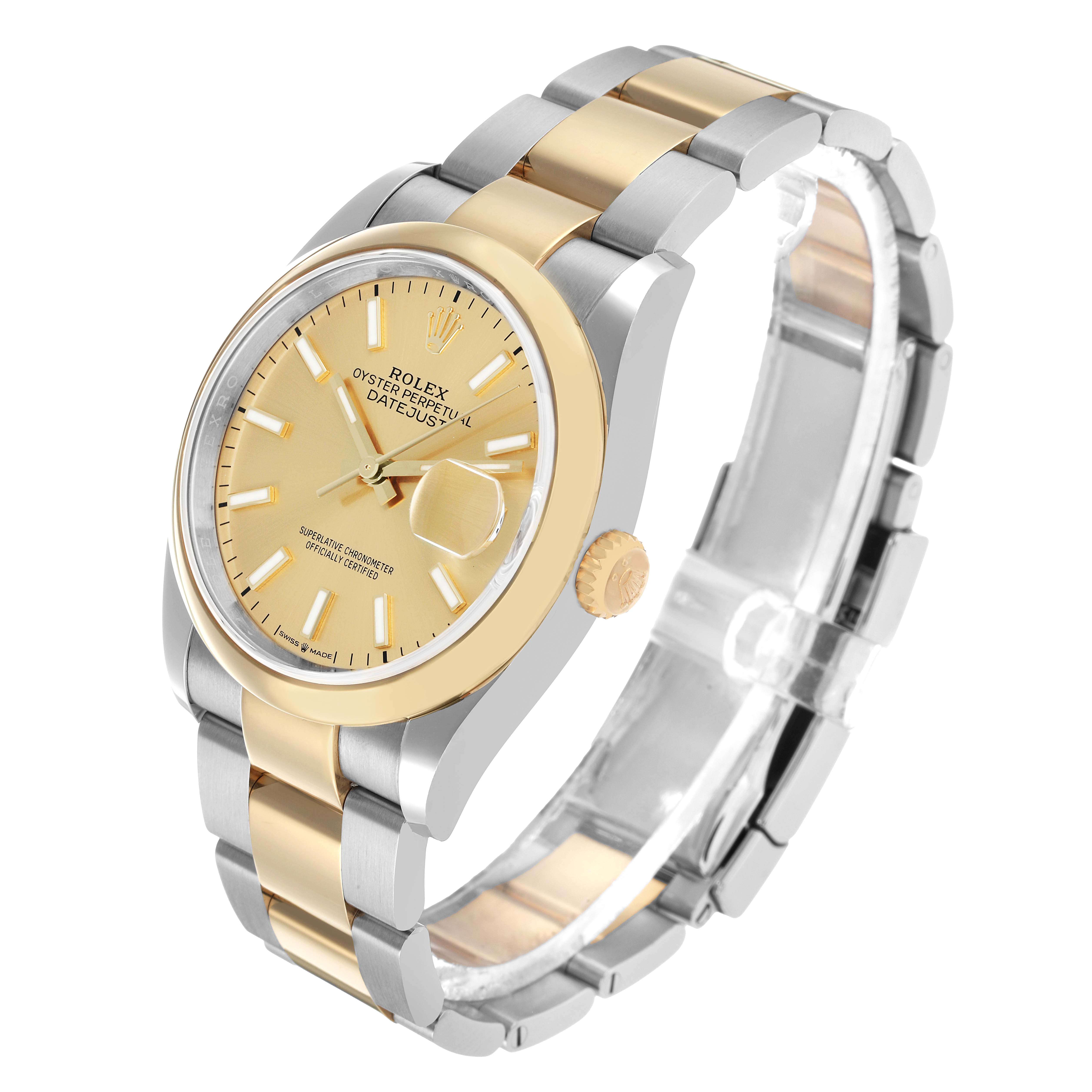 The Rolex Datejust 126203 Men's Stainless Steel Champagne Dial watch is shown at a three-quarter angle, displaying the face, bezel, crown, and two-tone bracelet.