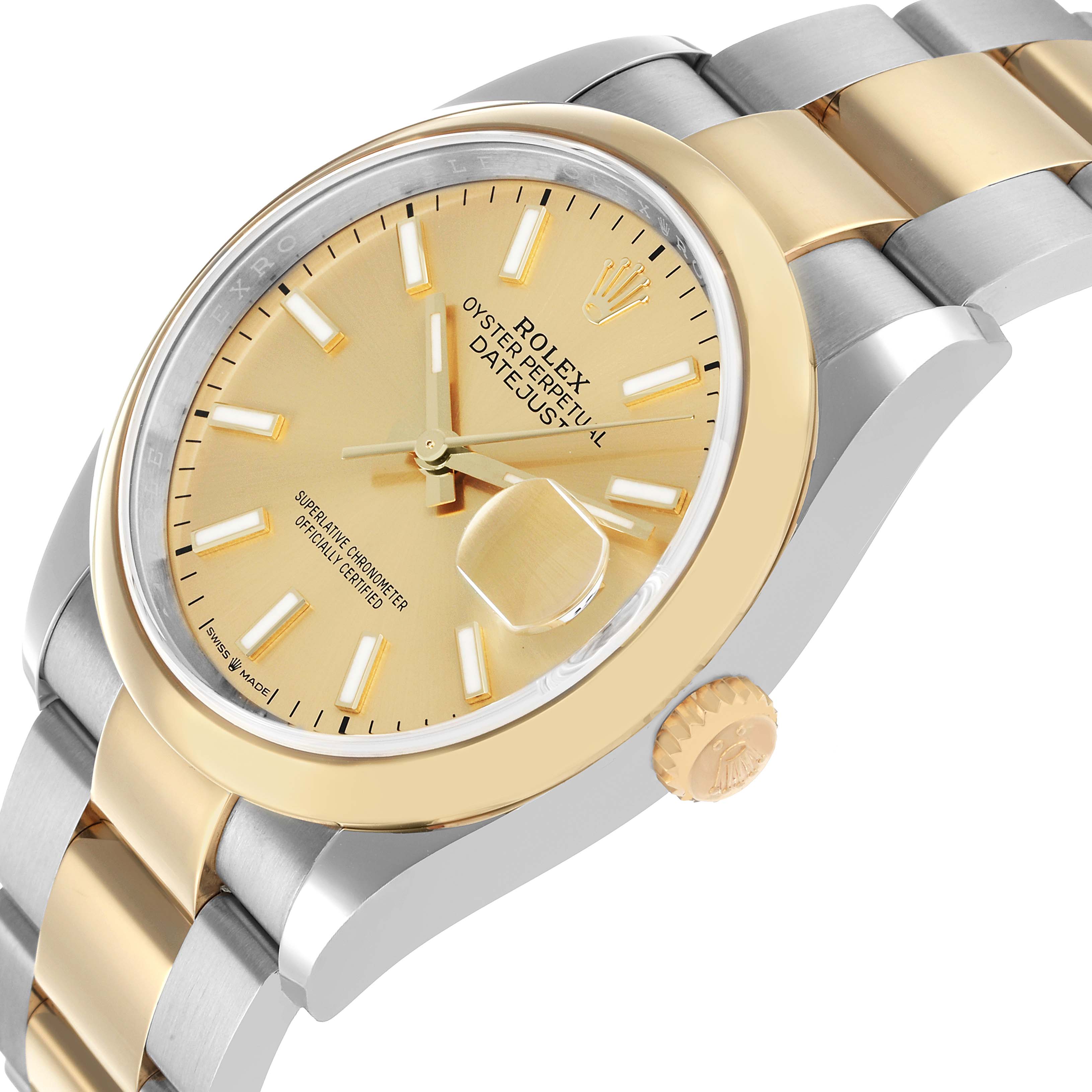 The Rolex Datejust 126203 Men's Stainless Steel Champagne Dial watch is shown at an angle highlighting the face, bezel, and part of the bracelet.
