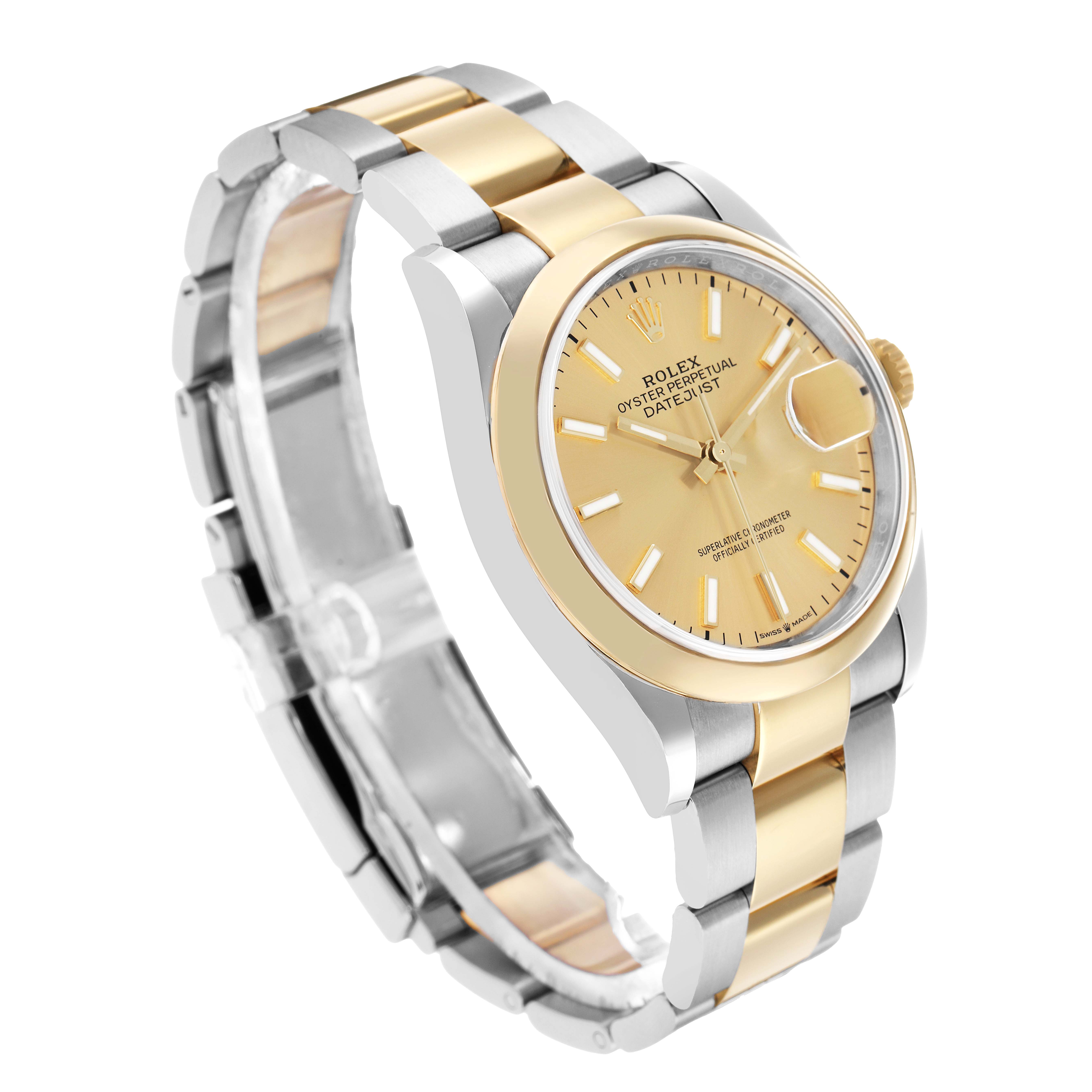 The Rolex Datejust 126203 Men's Stainless Steel Champagne Dial watch is shown at an angled side view, featuring a two-tone bracelet, gold dial, and fluted bezel.