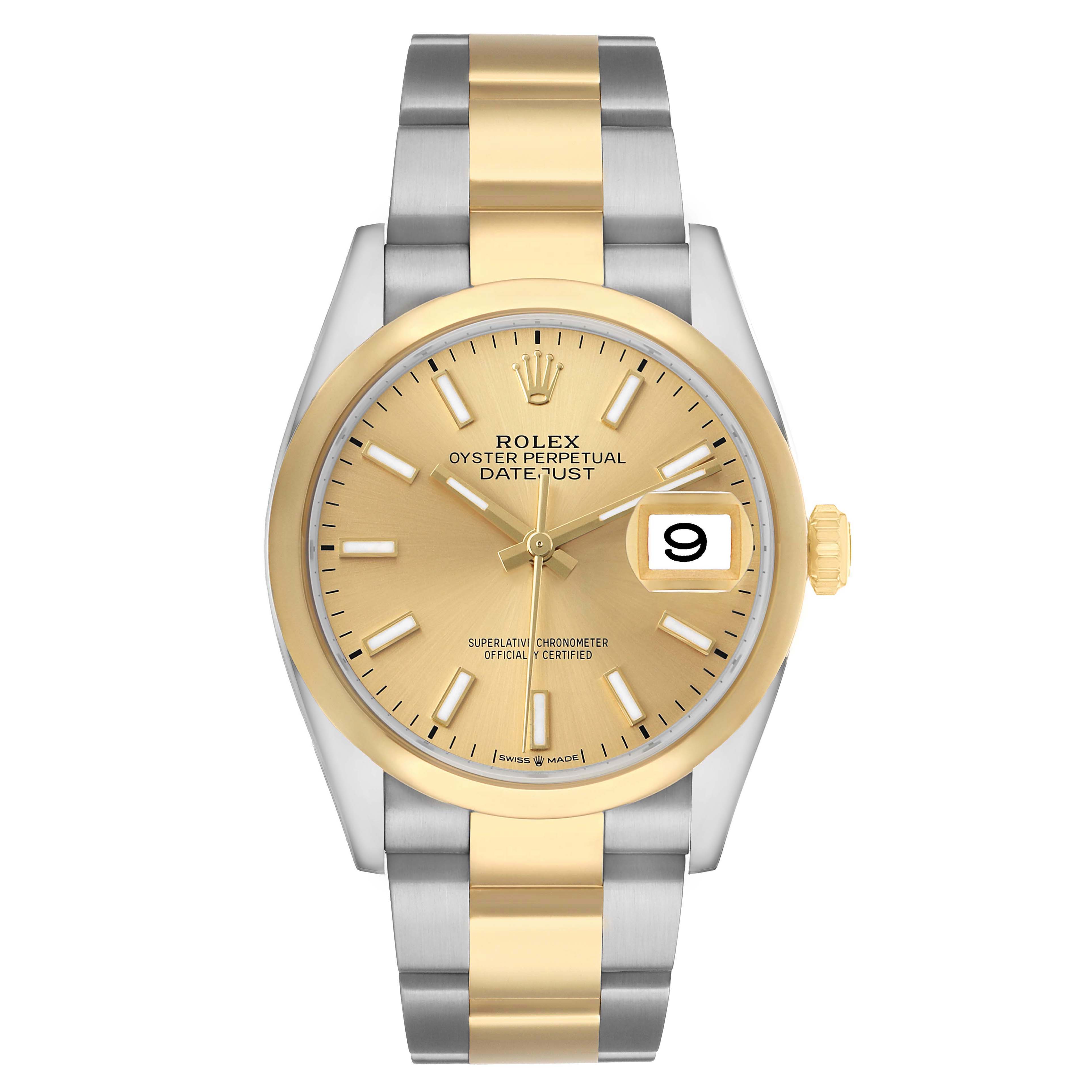 The Rolex Datejust 126203 Men's Stainless Steel Champagne Dial watch is shown in a front-facing view, displaying its dial, bezel, bracelet, and crown.