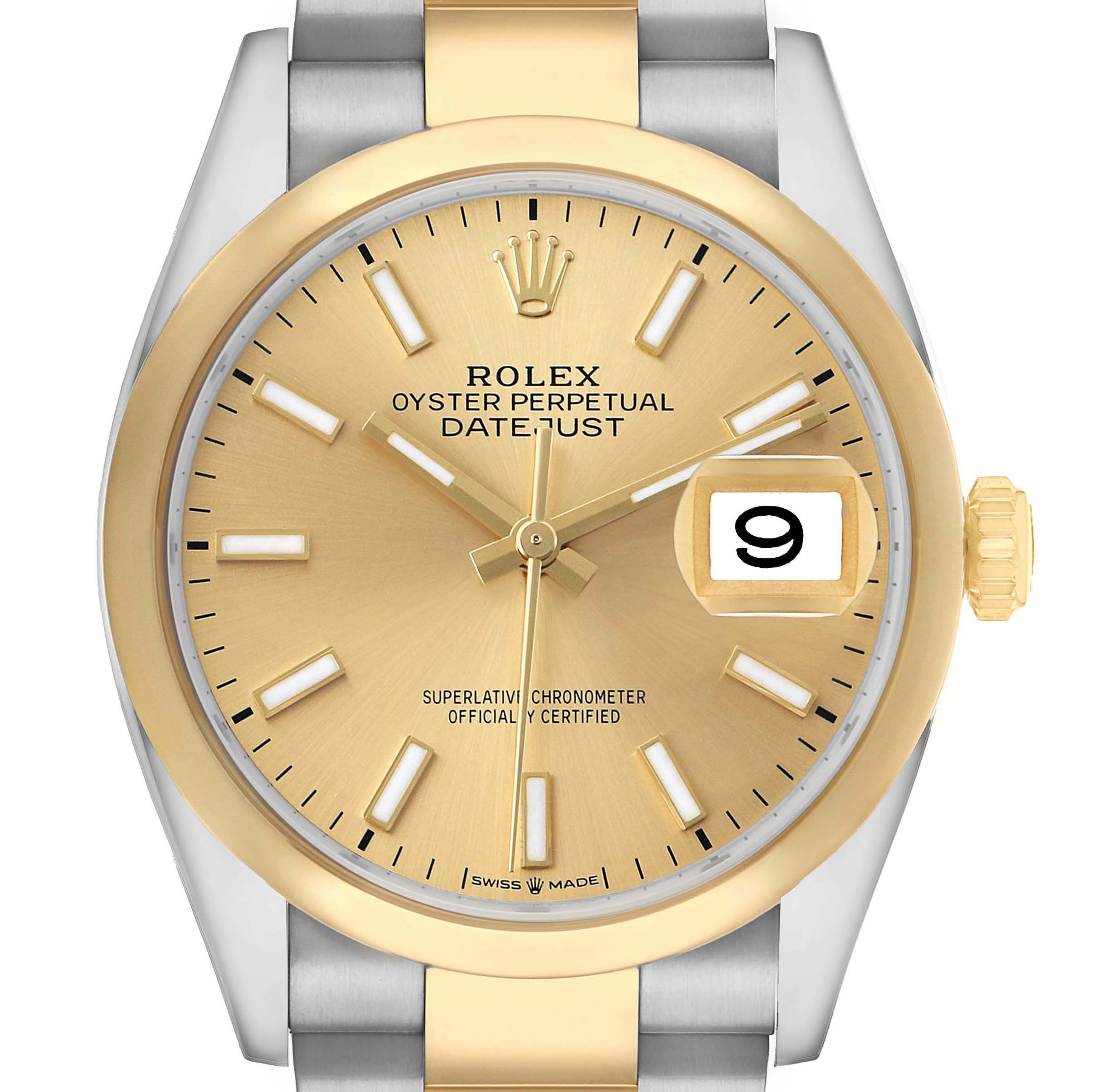 The image shows a front view of the Rolex Datejust 126203 Men's Stainless Steel Champagne Dial watch, highlighting the gold dial, bezel, and steel-gold bracelet.