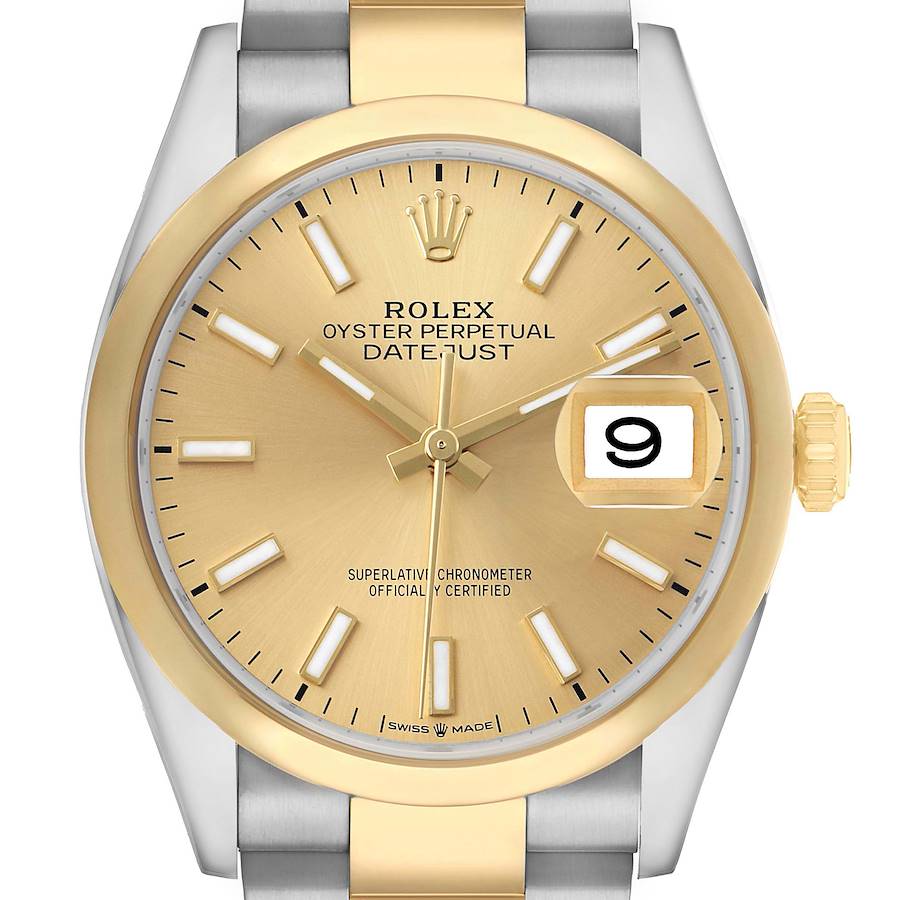 The image shows a front view of the Rolex Datejust 126203 Men's Stainless Steel Champagne Dial watch, highlighting the gold dial, bezel, and steel-gold bracelet.