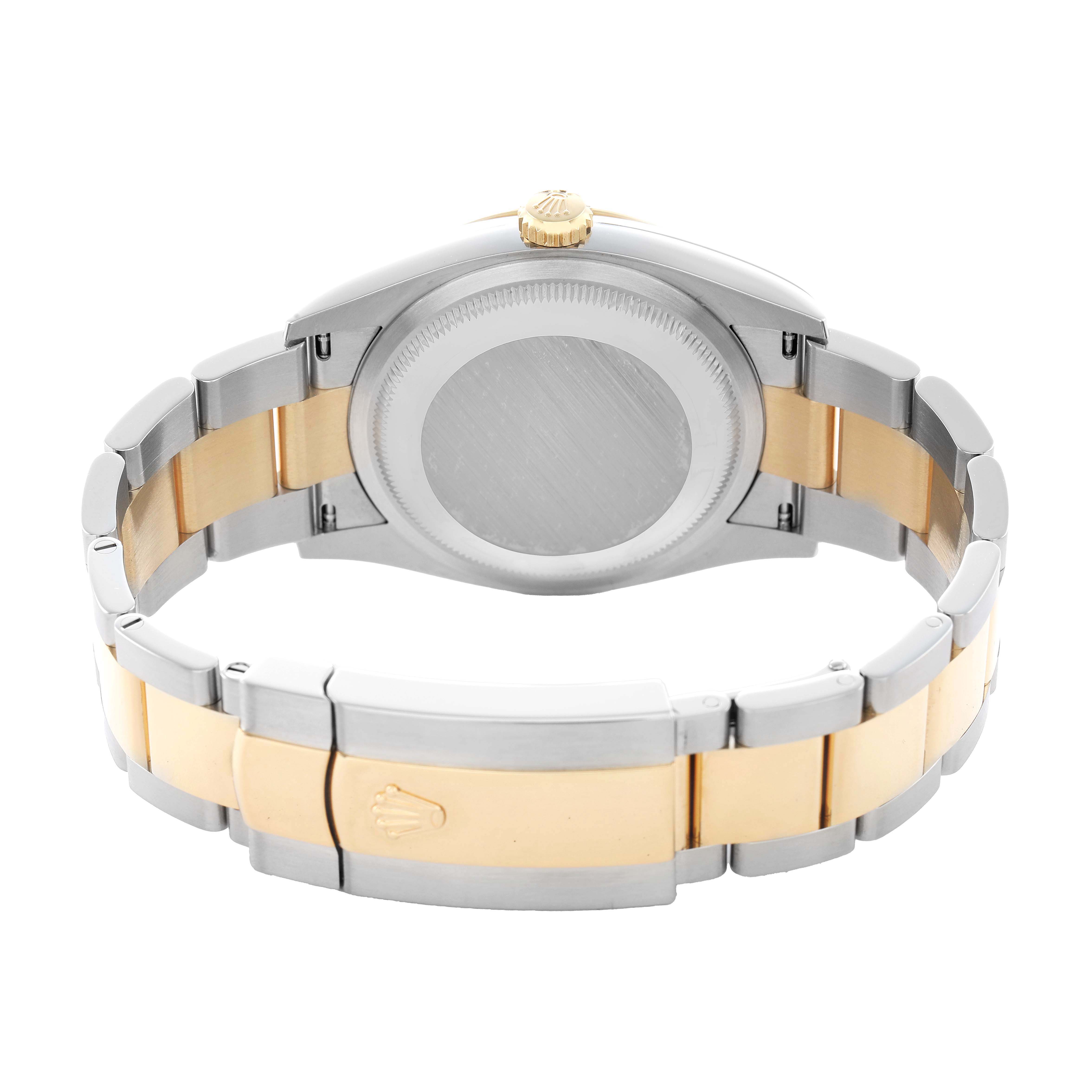 The Rolex Datejust 126203 Men's Stainless Steel Champagne Dial watch is shown from the back, displaying the closed case back and two-tone bracelet.
