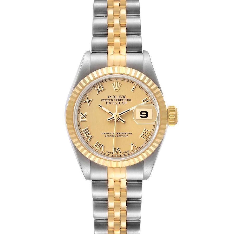 The Rolex Datejust 69173 Women's Steel and Gold (two tone) Champagne Dial watch is shown from the front, displaying the dial, bezel, and part of the bracelet.