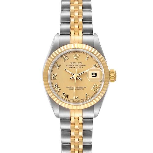 The Rolex Datejust 69173 Women's Steel and Gold (two tone) Champagne Dial watch is shown from the front, displaying the dial, bezel, and bracelet.