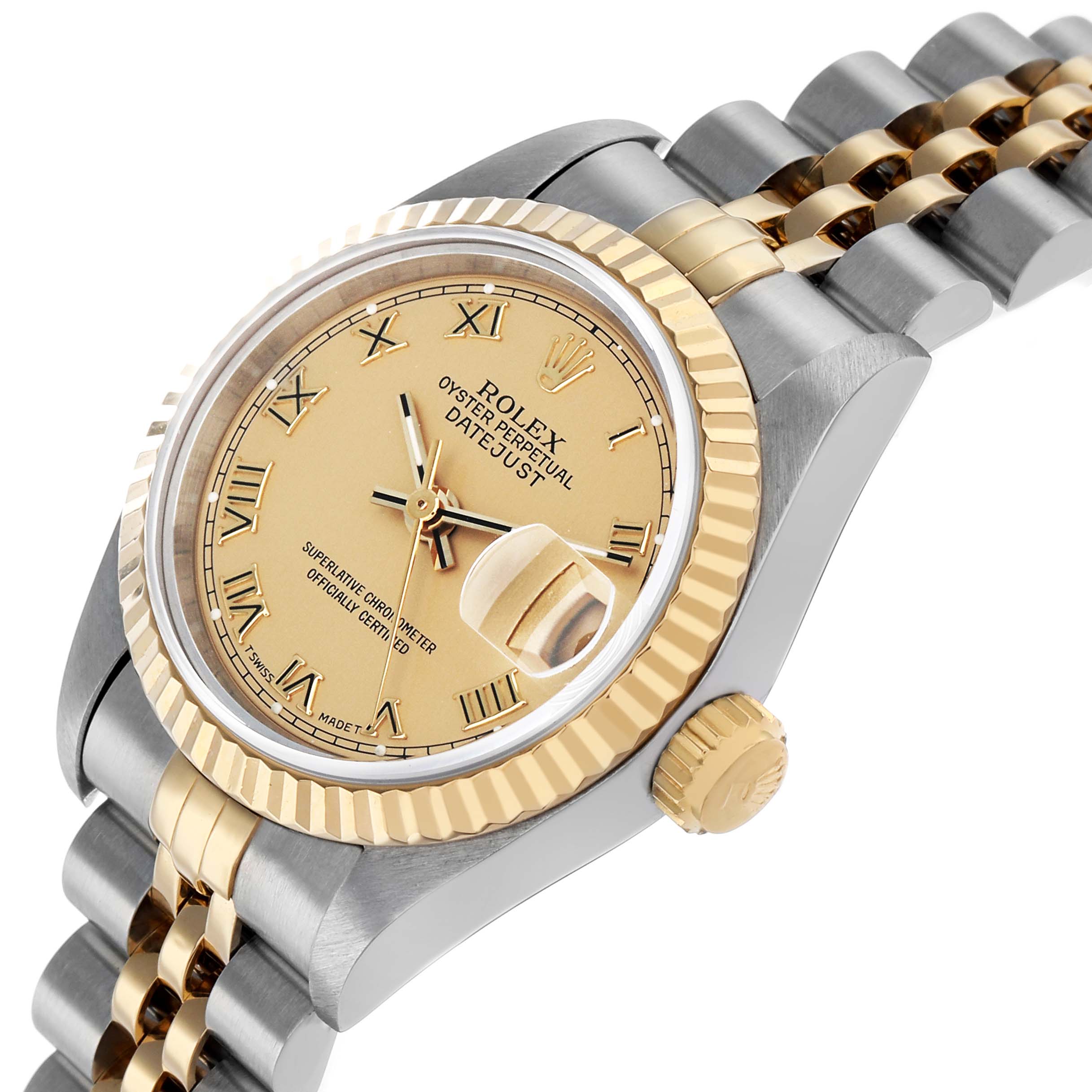 The Rolex Datejust 69173 Women's Steel and Gold (two tone) Champagne Dial watch is shown at a tilted angle, highlighting the dial, crown, and part of the Jubilee bracelet.