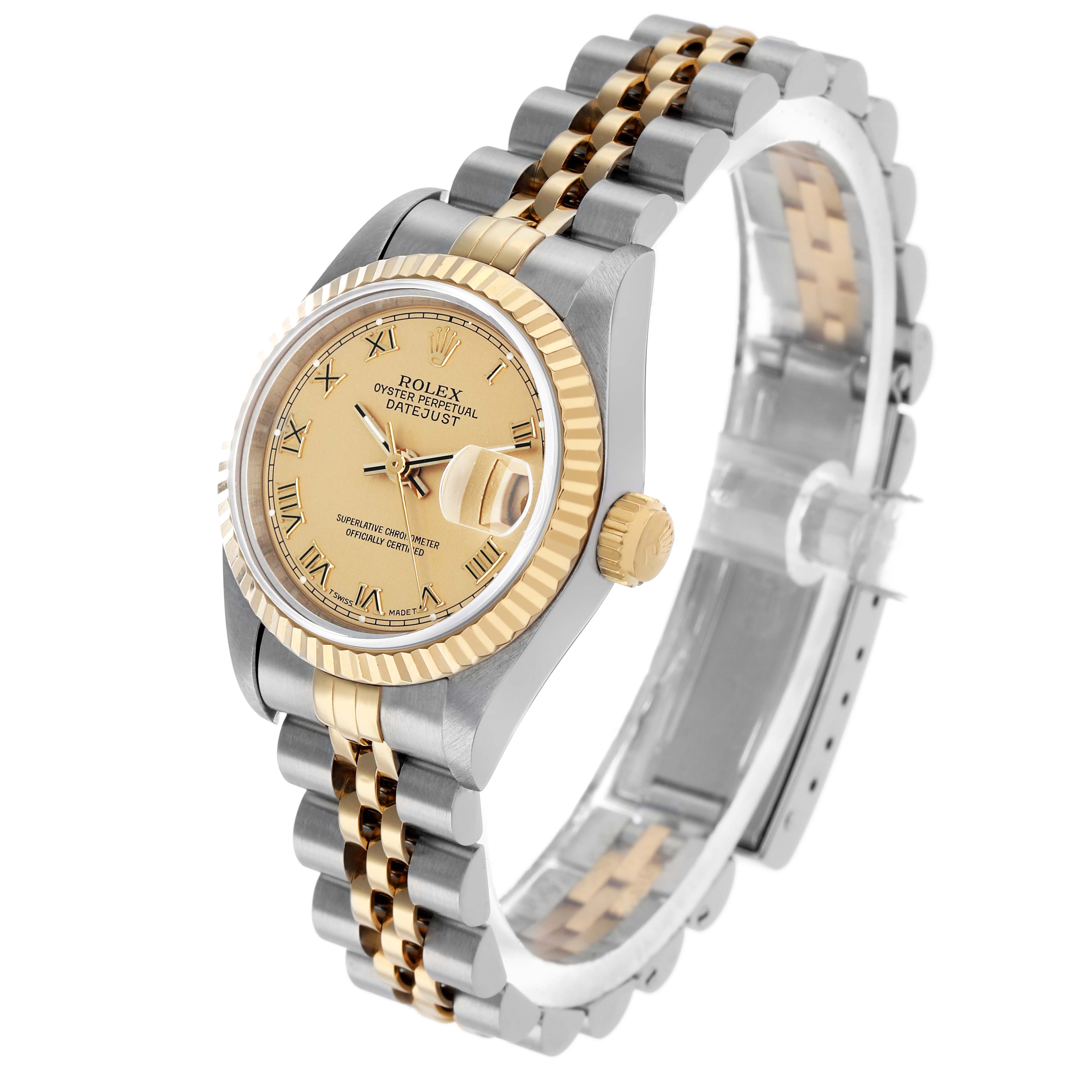 The Rolex Datejust 69173 Women's Steel and Gold (two tone) Champagne Dial watch is shown at a three-quarter angle, displaying the face, bezel, crown, and two-tone bracelet.