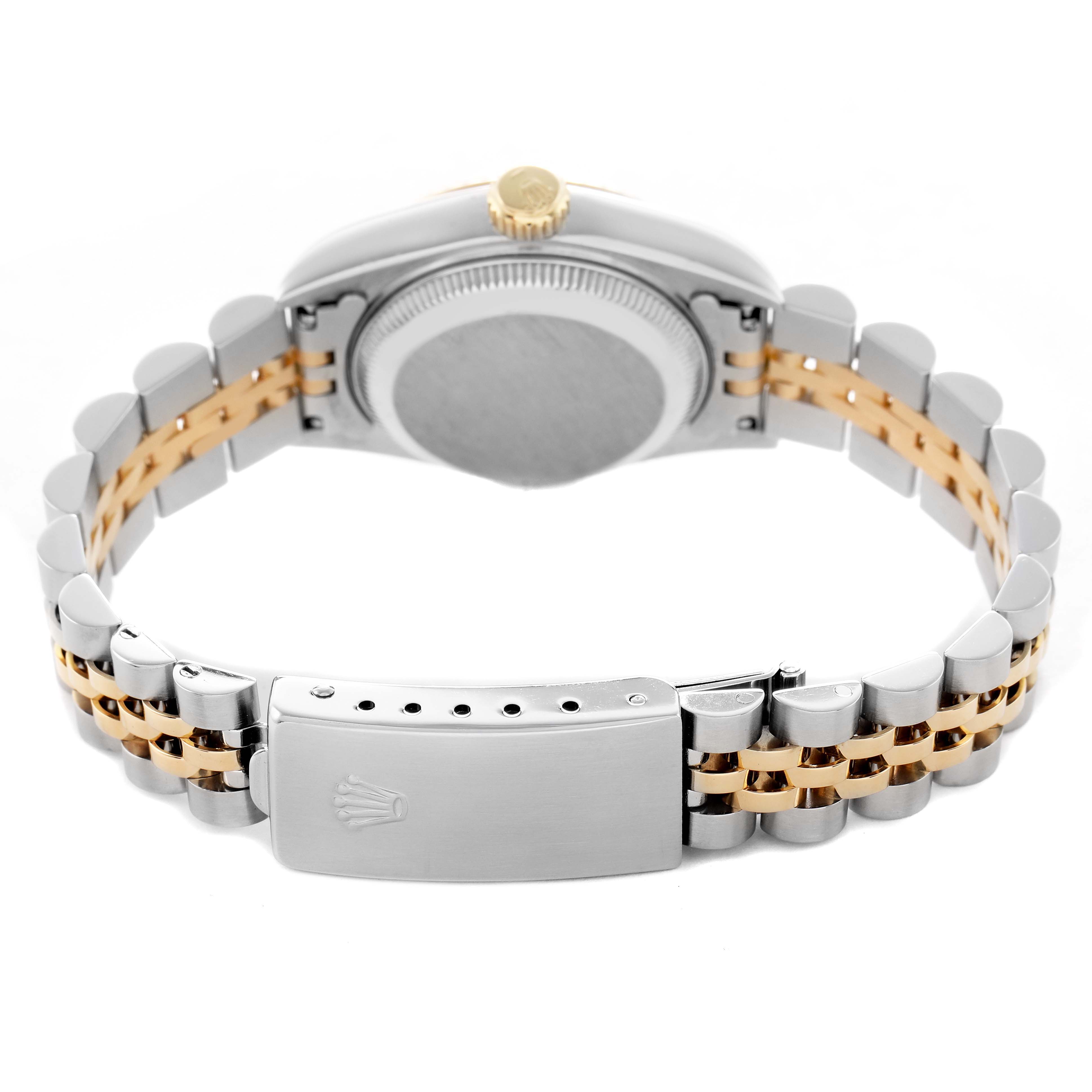 The image shows the back of a Rolex Datejust 69173 Women's Steel and Gold (two tone) Champagne Dial watch, highlighting the bracelet and clasp.
