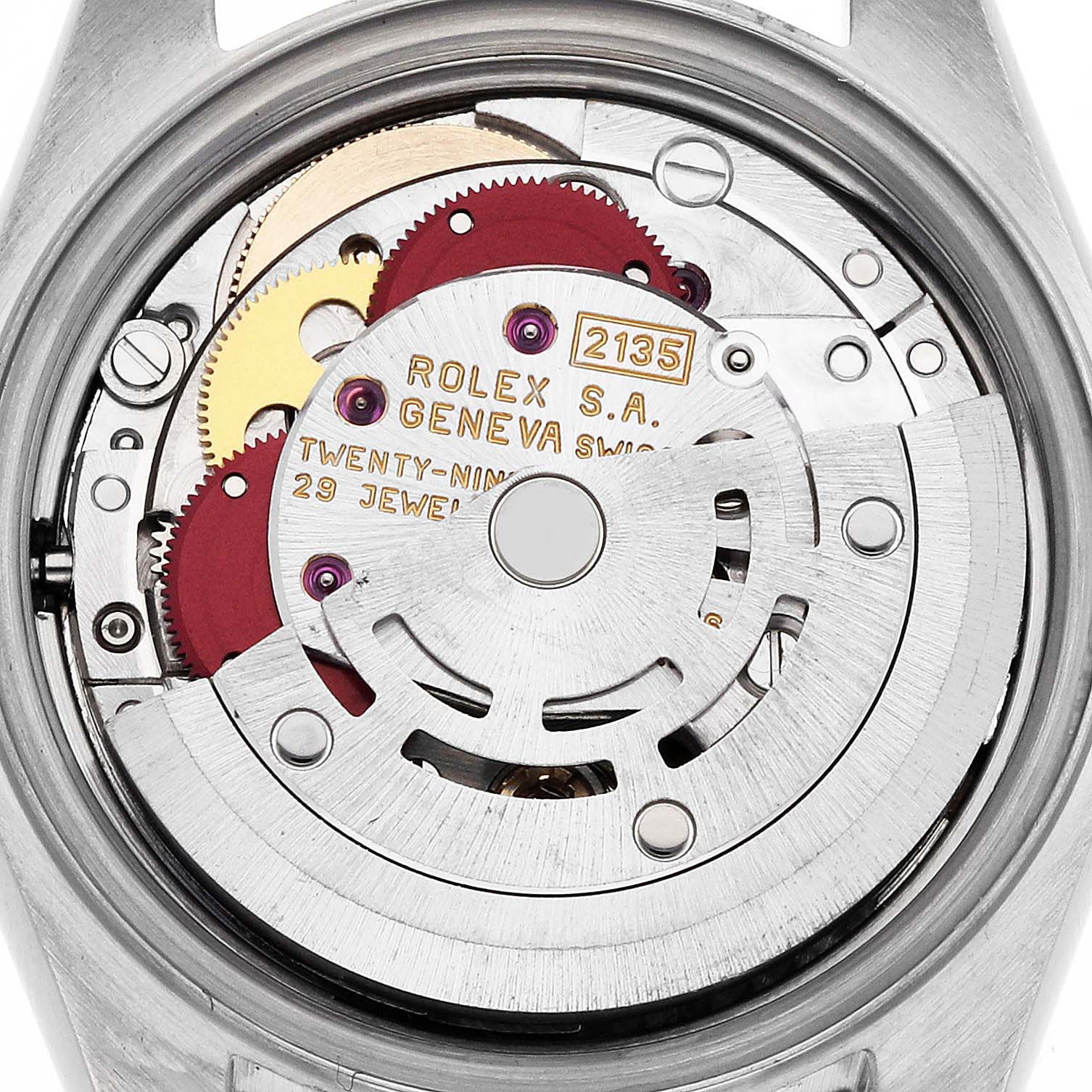 The image shows a close-up of the Rolex Datejust 69173 Women's Steel and Gold (two tone) Champagne Dial's movement, specifically the automatic rotor and gears.